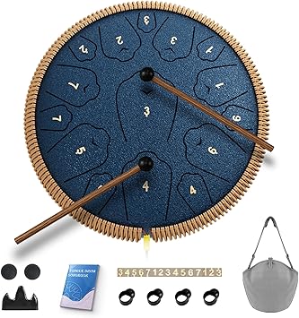 Steel Tongue Drum, 13 Inch 15 Notes Tongue Drums, C Major Drum Percussion Instruments, Handpan Drums with Music Book, Drum Mallets and Carry Bag (Navy Blue)