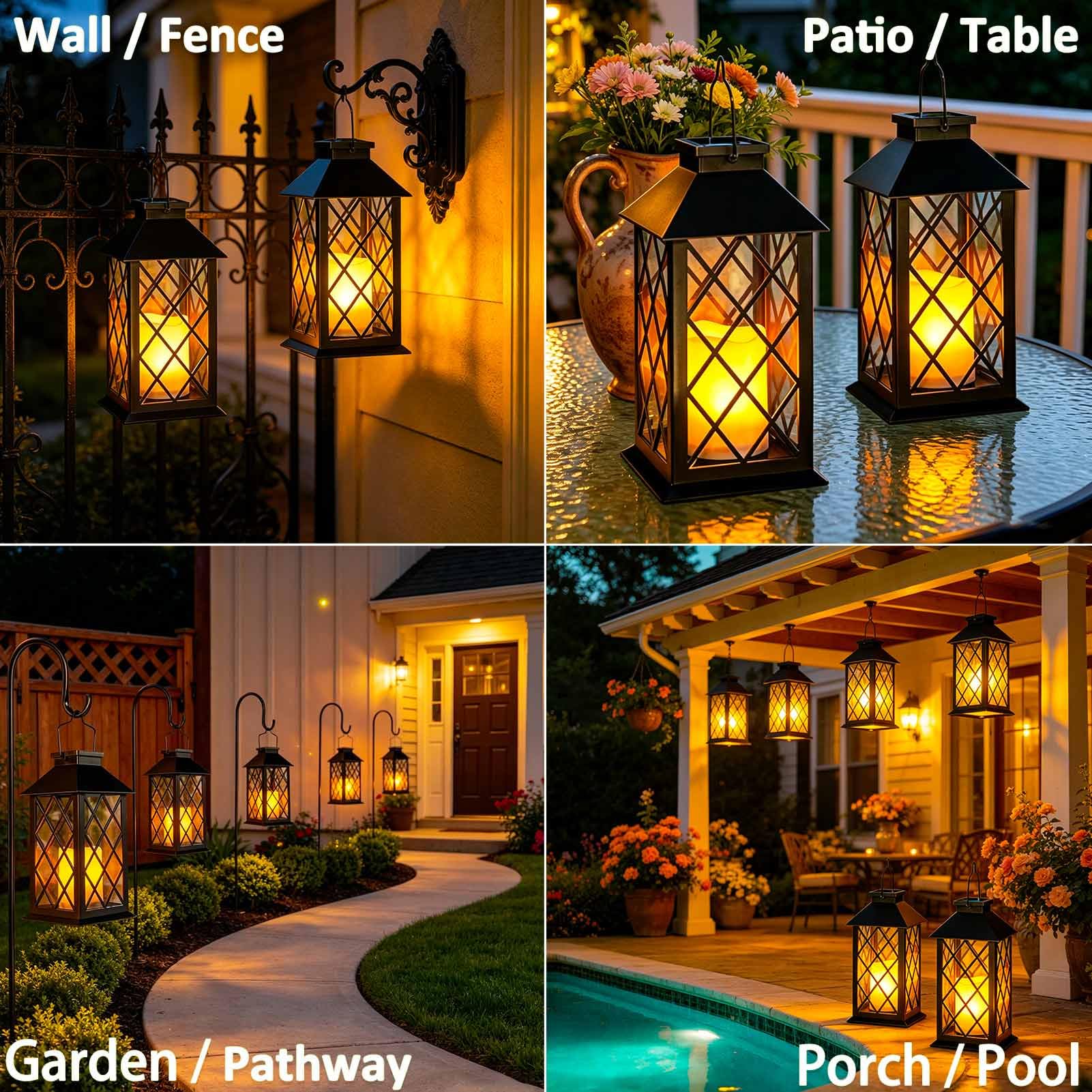 Grandes lanternes solaires d'extérieur étanches en verre trempé de 35,6 cm, lampes solaires suspendues avec bougies vacillantes sans flamme, lanterne solaire rétro pour mur, porche, terrasse, table