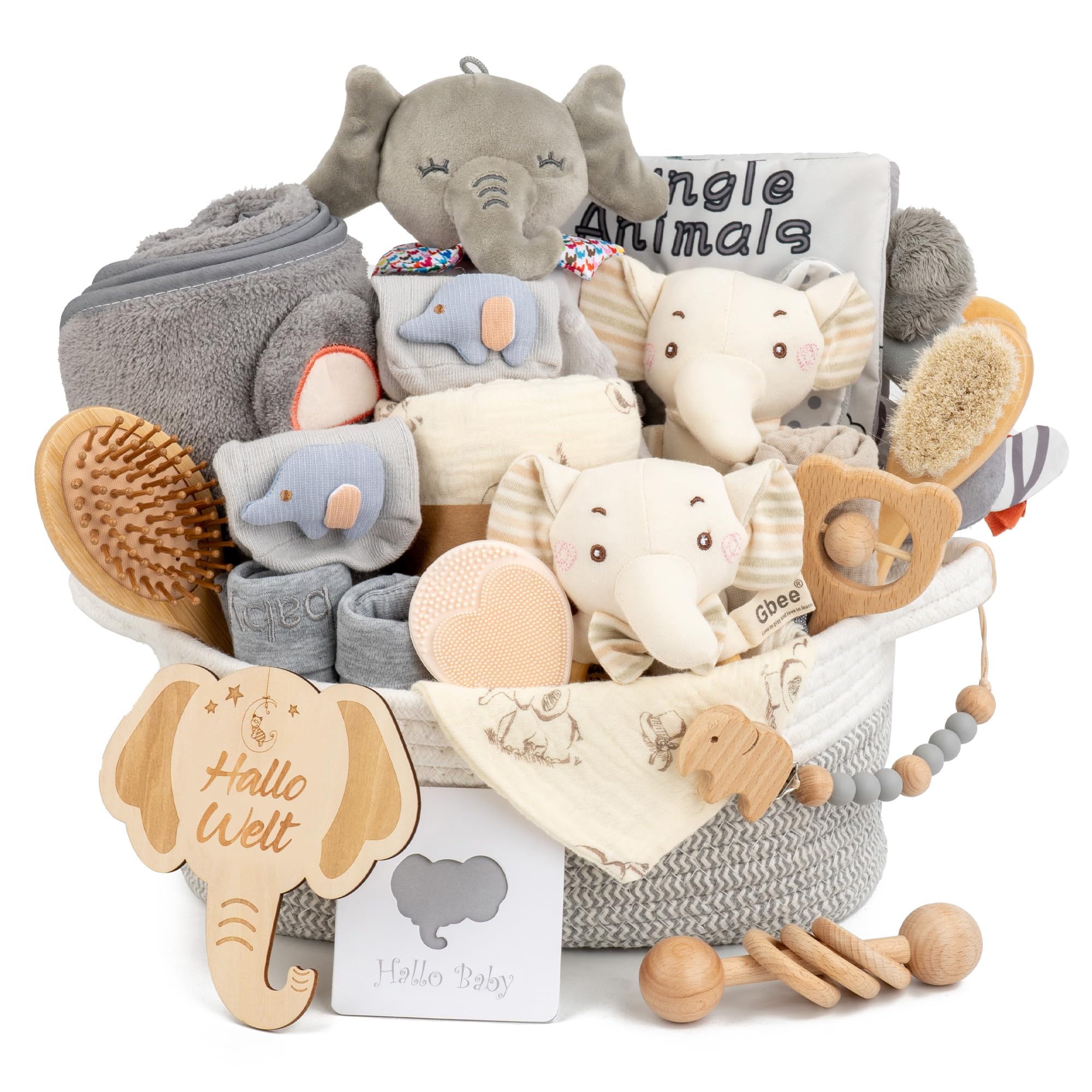Neugeborenen Geschenk, Set zur Geburt mit Baby Kuscheldecke und Holzrassel | Geburtsgeschenk: Set zur Geburt mit Baby Kuscheldecke, Socken, Holzrassel, Silikonbürste und Grußkarte