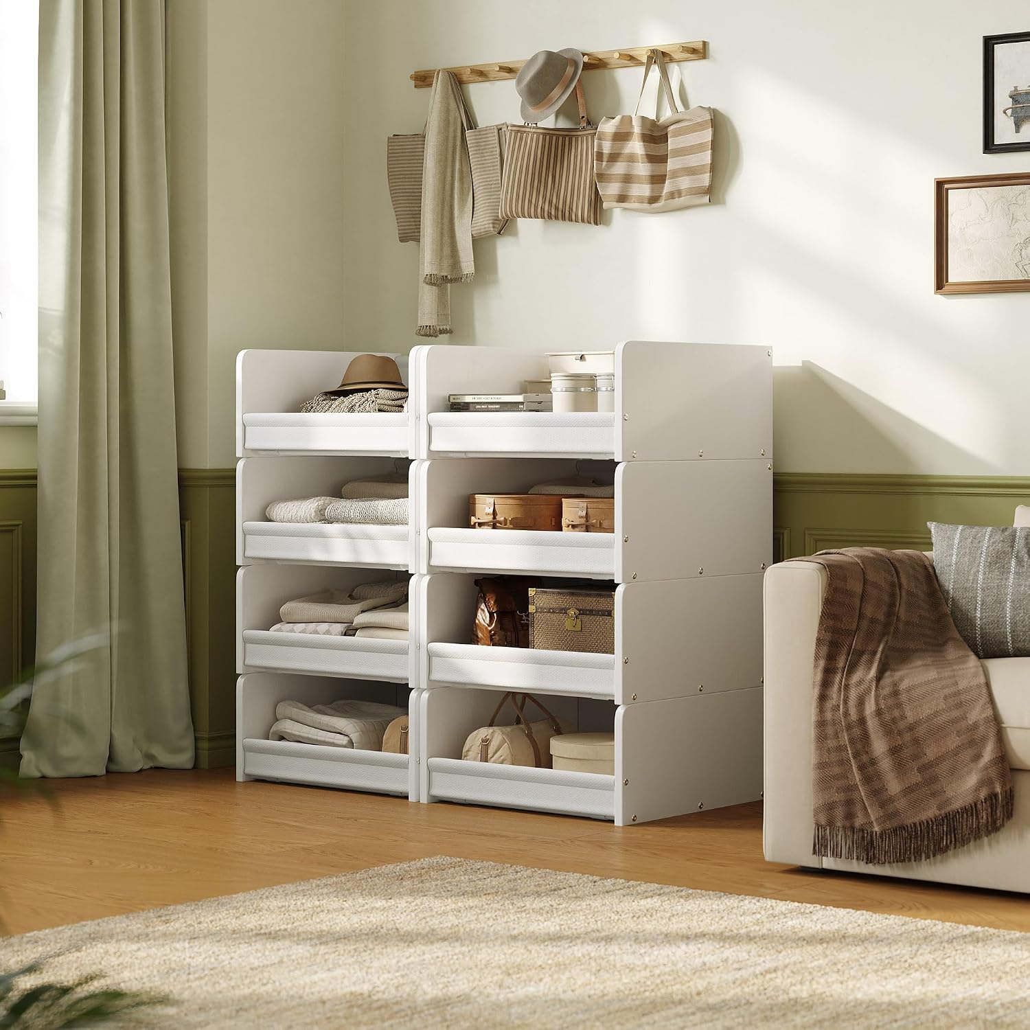 FOUCSSOMEI Closet Organizer and Storage, 4 Tier Stackable Storage Organizer, Wooden & Metal Closet Shelves, Modular Clothes Organizer, Storage Shelf, Bedroom & Closet Organization, Patent Design