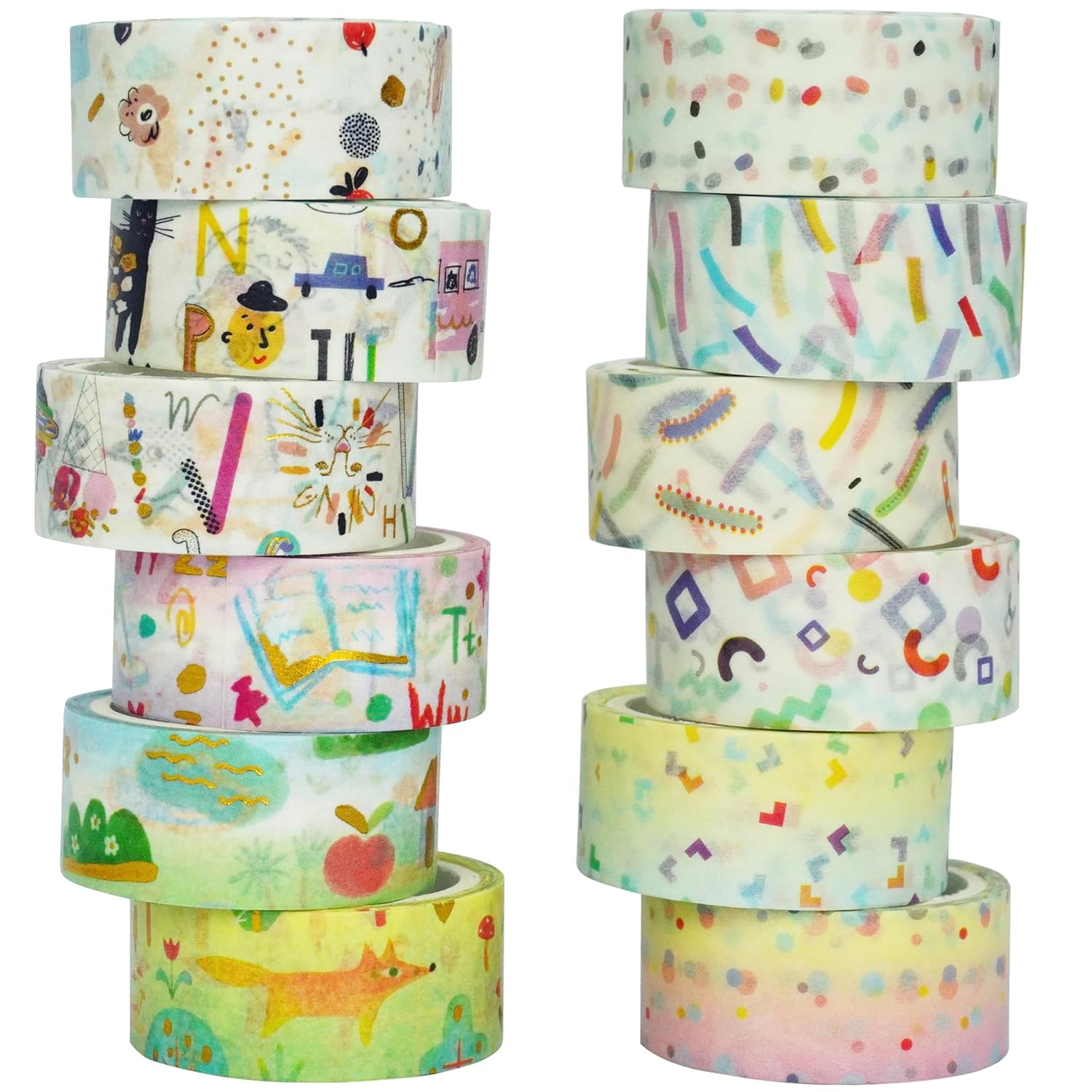 Cute Washi Tape Set 12 Rolls Gold Foil Masking Cartoon Drawing Decorative Tapes for Arts, DIY Crafts, Journals, Planners, Scrapbook, Wrapping (Children's Patintings)