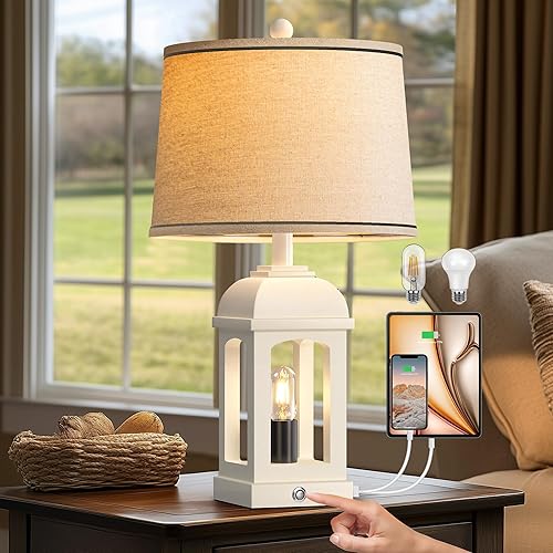 Miniatura 8 de QiMH Lámpara de mesa para sala de estar, lámparas de estilo rústico con USB A+C y luz nocturna, lámparas de noche rústicas de 26 pulgadas con
