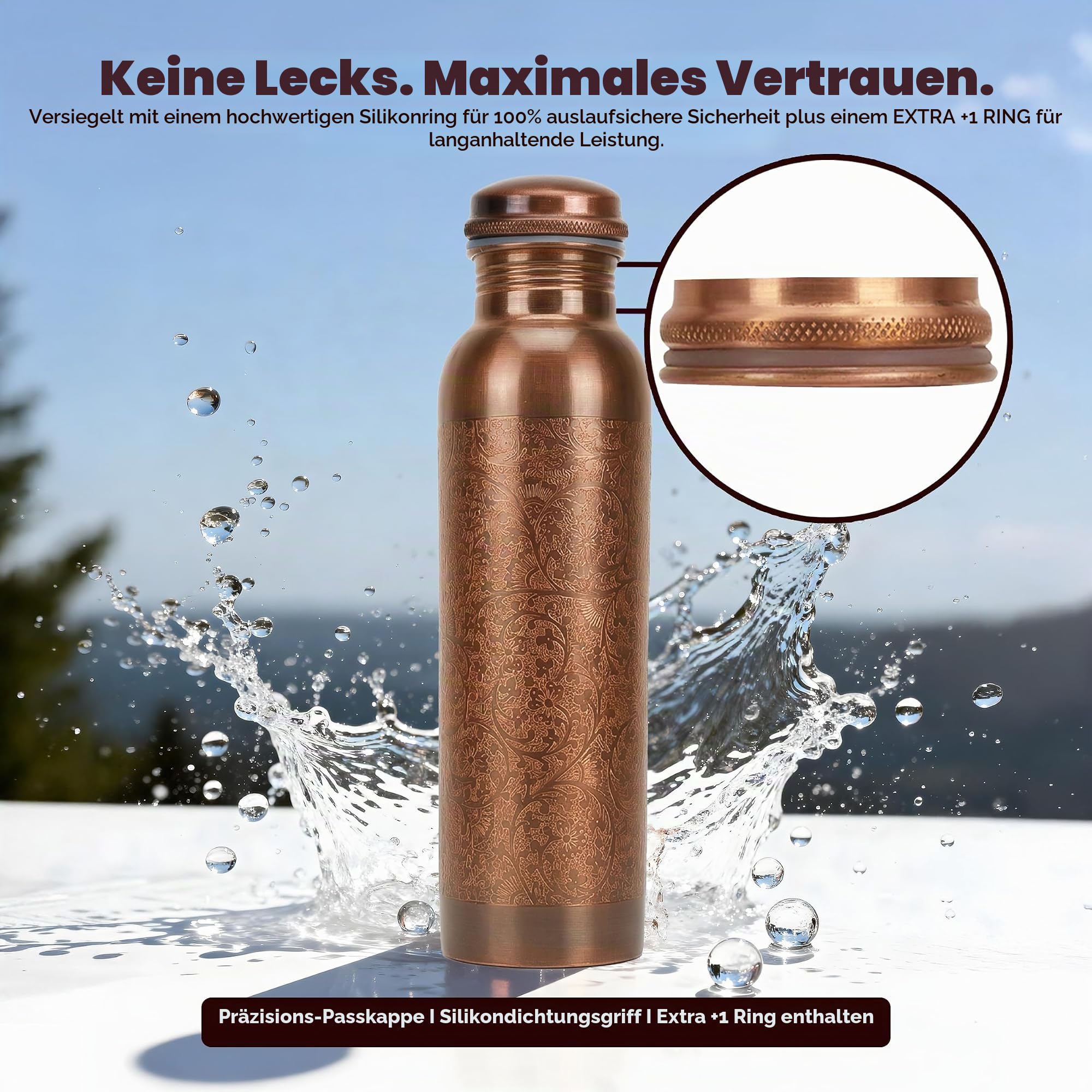 Kupferflasche mit ayurvedischen Vorteilen, auslaufsicherer Deckel, großes, handgefertigtes Kupfergefäß für Fitnessstudio, Büro und Wandern – 1000 ml – 2 Stück