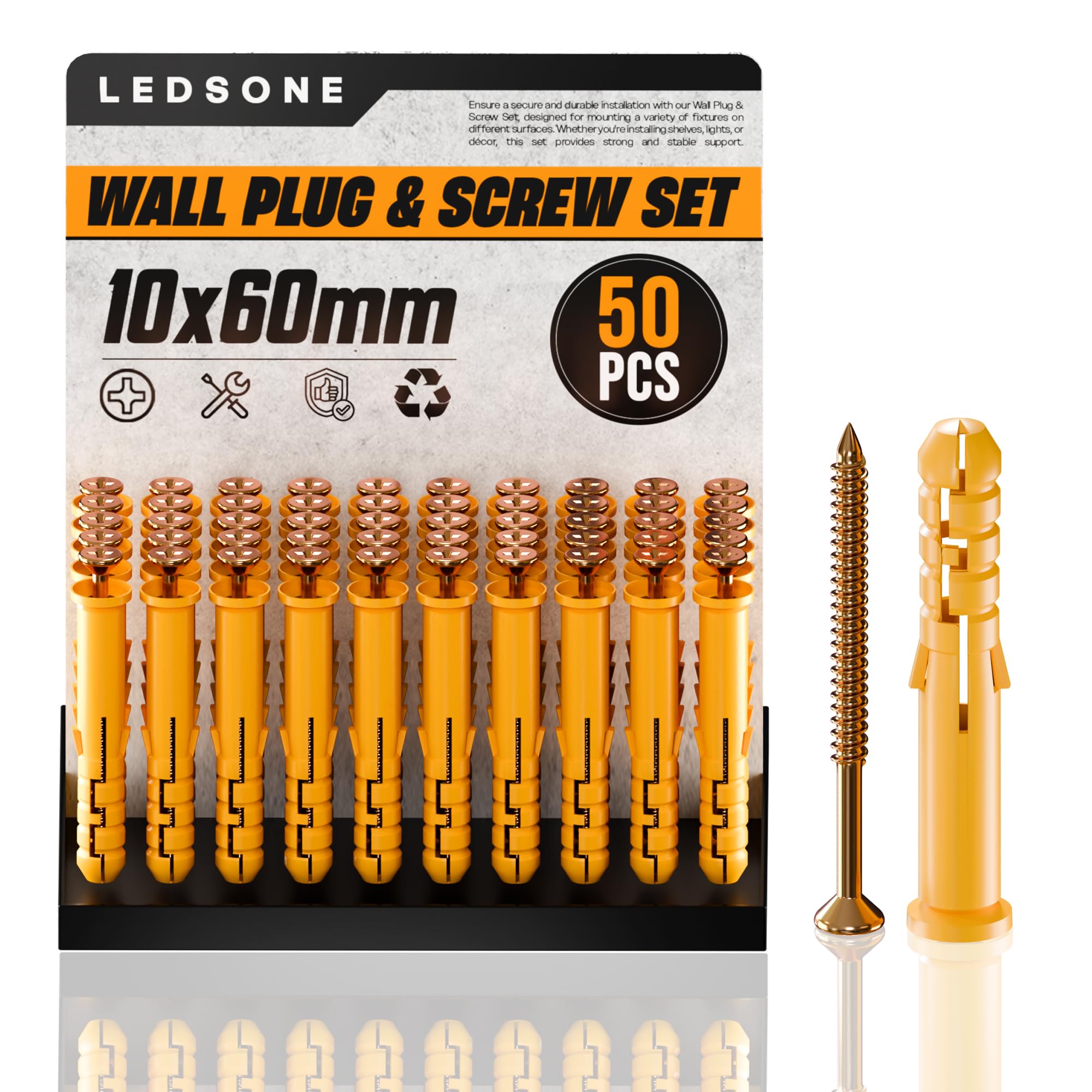50Pcs Screws and Wall Plugs Set(50 x Masonry Screws, 50 x Expansion Anchor Bolts), 10mm x60mmWall for Brick Concrete Drywall Self Tapping Screw and Wall Plugs