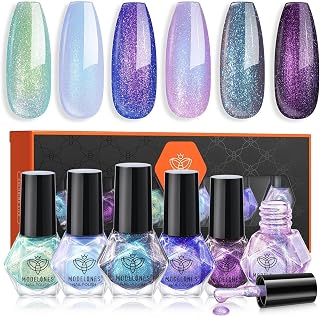 MODELONES Chameleon Holographic Nail Polish Set - 6 Quick Dry Colors Green Pink Blue Purple Gray Aurora Shimmer, No UV DIY Manicure Kit
