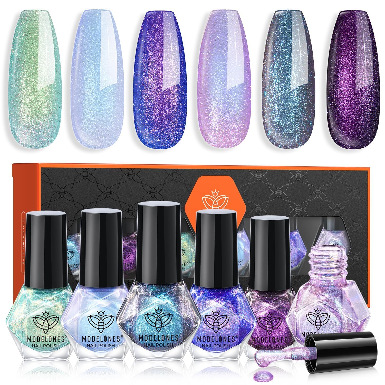 Chameleon Nail Polish Set 6 Colors, Green Glitter Pink Blue Purple Holographic Quick Dry Mini Nail Lacquer Kit Gray Aurora Shimmer DIY Nail Art Manicure Gift For Women Girls