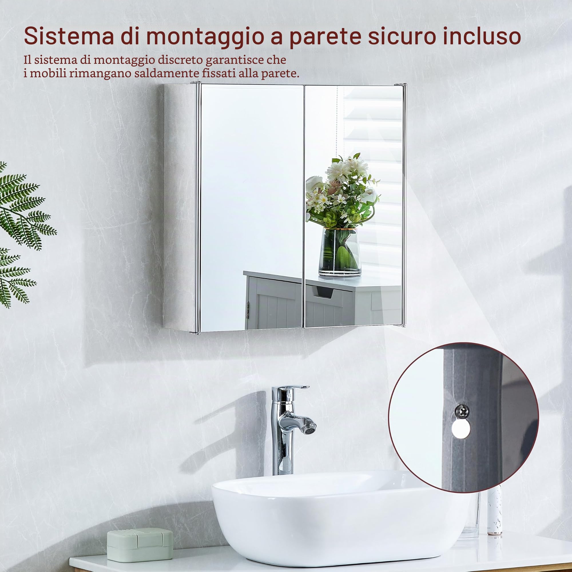 Bath Vida Tiano - Armadietto da Bagno con Doppia Anta a Specchio, Montaggio a Parete, in Acciaio Inox, Moderno
