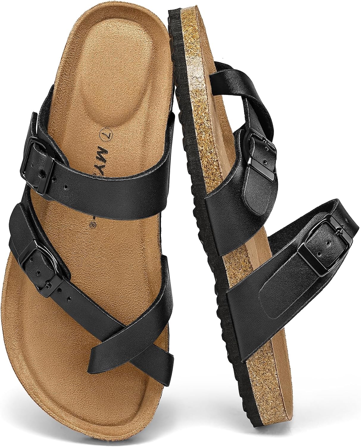mysoft Women's Cork Footbed Sandals Double Adjustable Buckle Slide Sandals Slip On Walking Summer Shoes