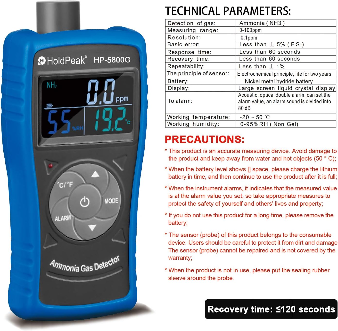 Technical parameters and precautions for the HOLDPEAK HP-5800G Ammonia Gas Detector.