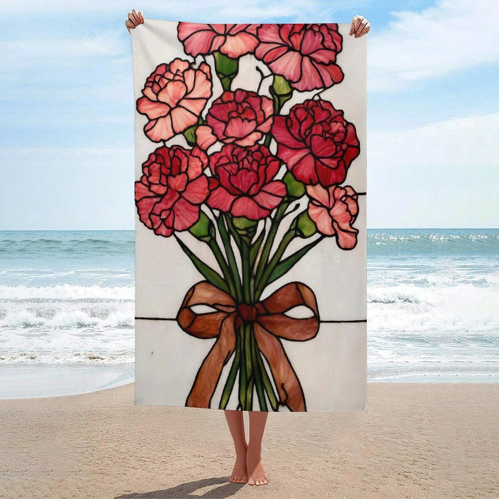 asbwuo Stained Glass Bouquet of Pink and Red Carnations Beach Towel