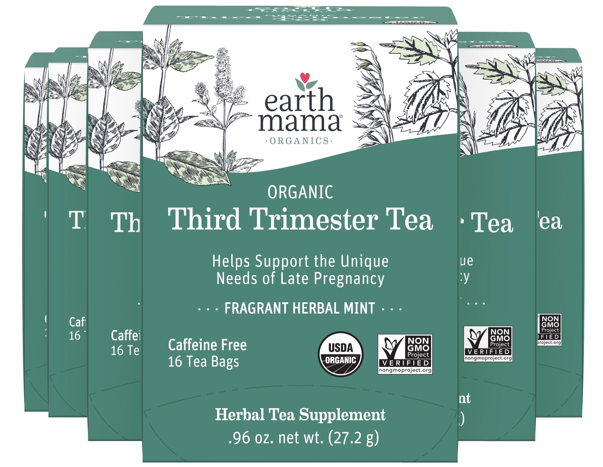 Earth Mama Organic Third Trimester Tea Bags | 100% USDA Organic Herbal Tea for Late Pregnancy Comfort + Childbirth Preparation, 16 Teabags Per Box (6-Pack)