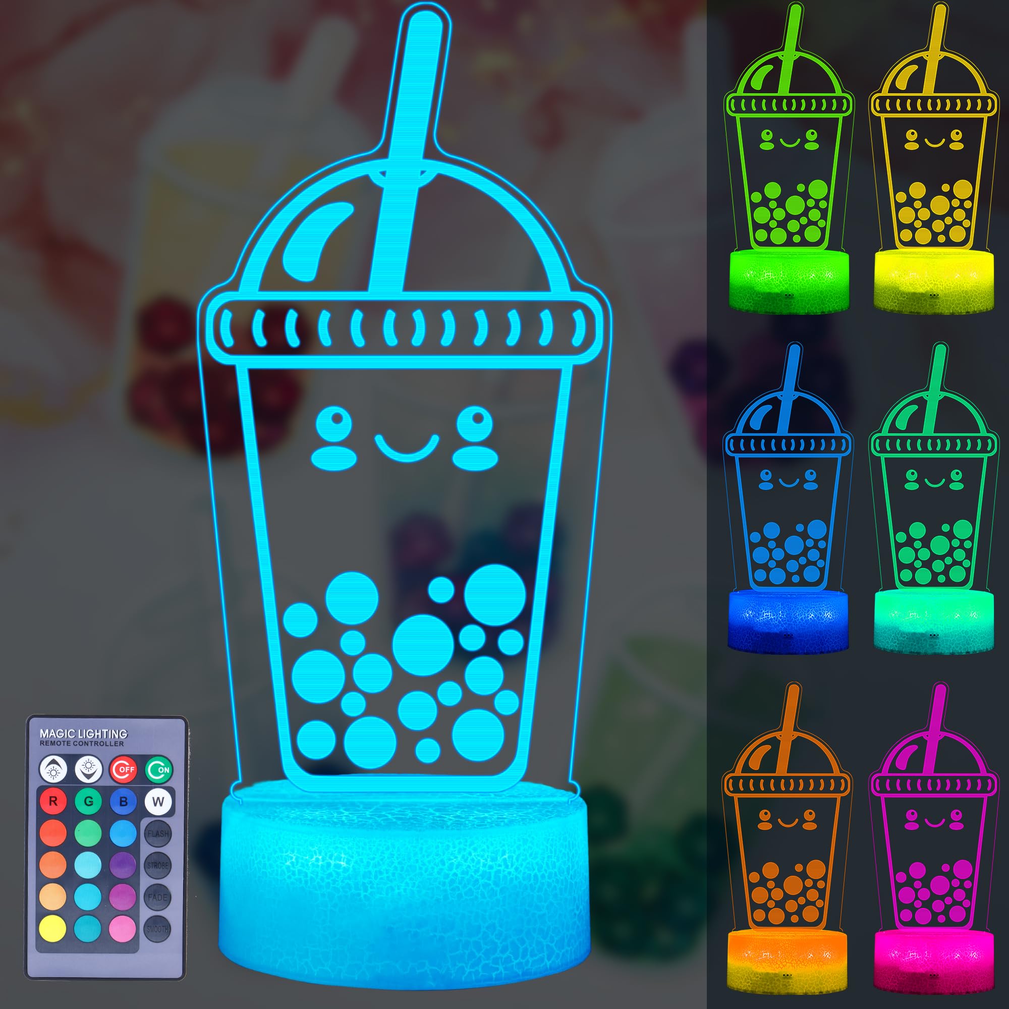 POSSHE Boba Lamp, Boba Gifts, Boba 3D Night Light with Remote Control, 16 Color Changing, RGB Flicker Mode, Dimmable
