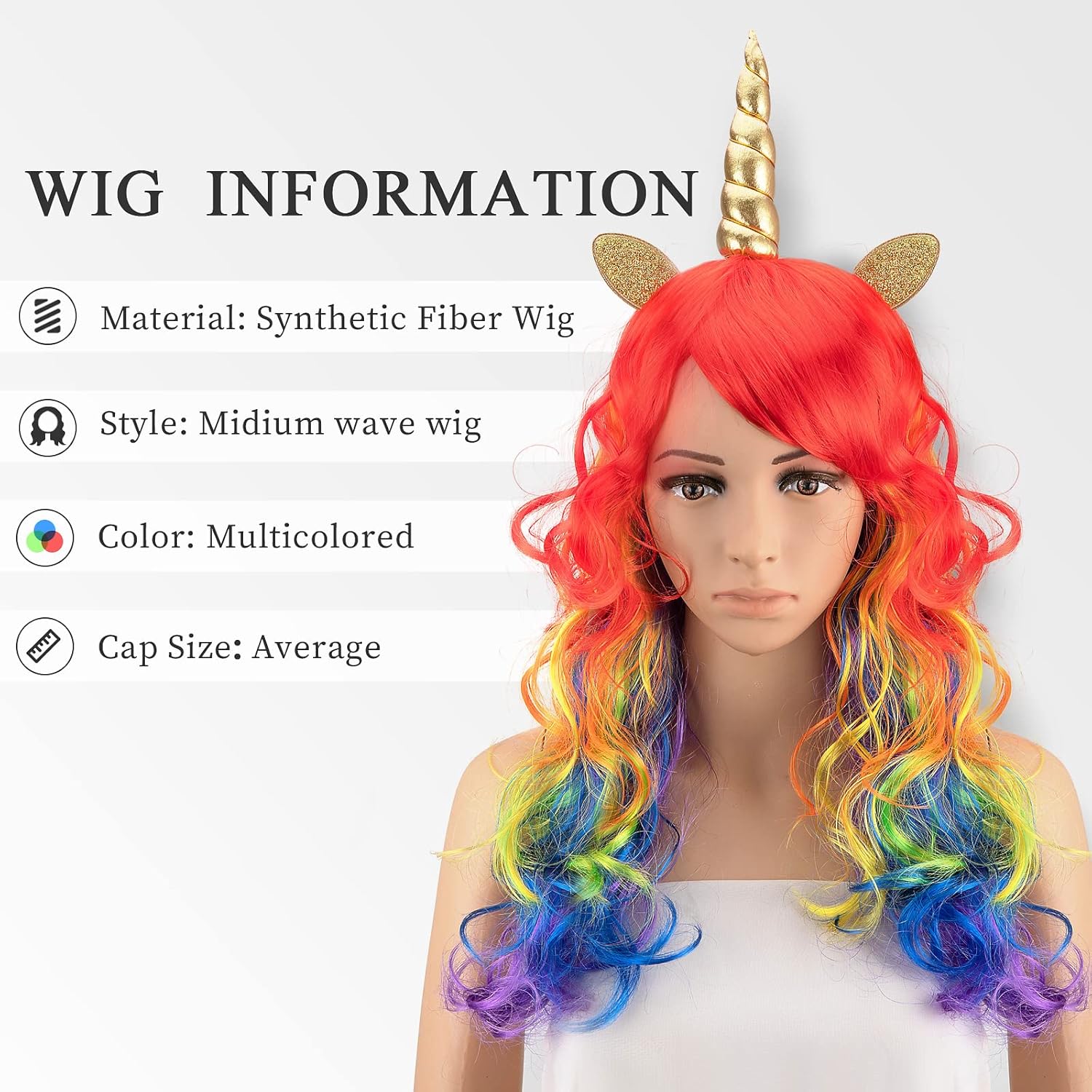 Hifot Unicorn Wigs for Women, Long Curly Rainbow Wig with Horn and Ears