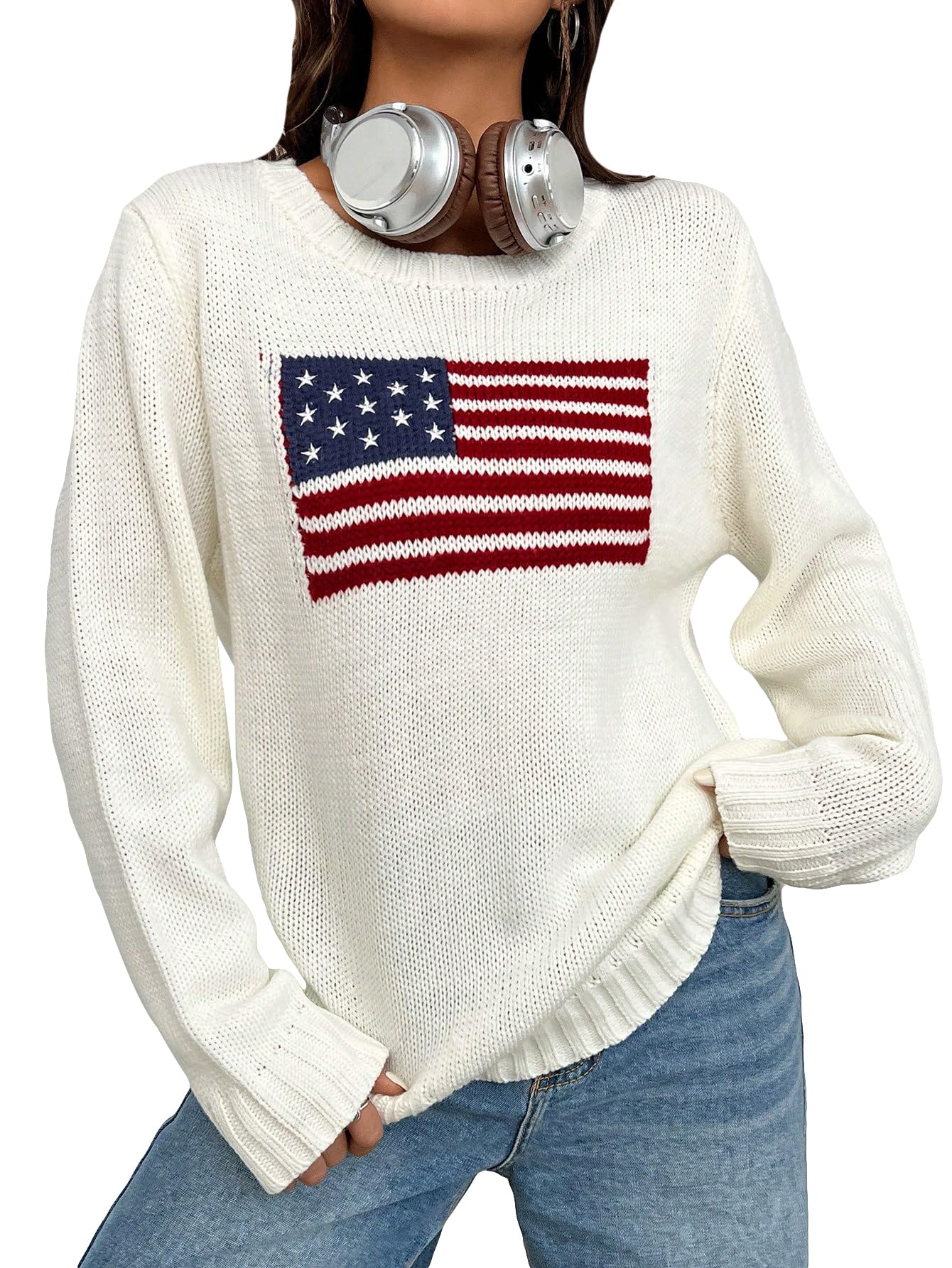 GORGLITTER Womens American Flag Fall Sweaters 2025 Oversized Long Sleeve Knit Graphic Pullover Top