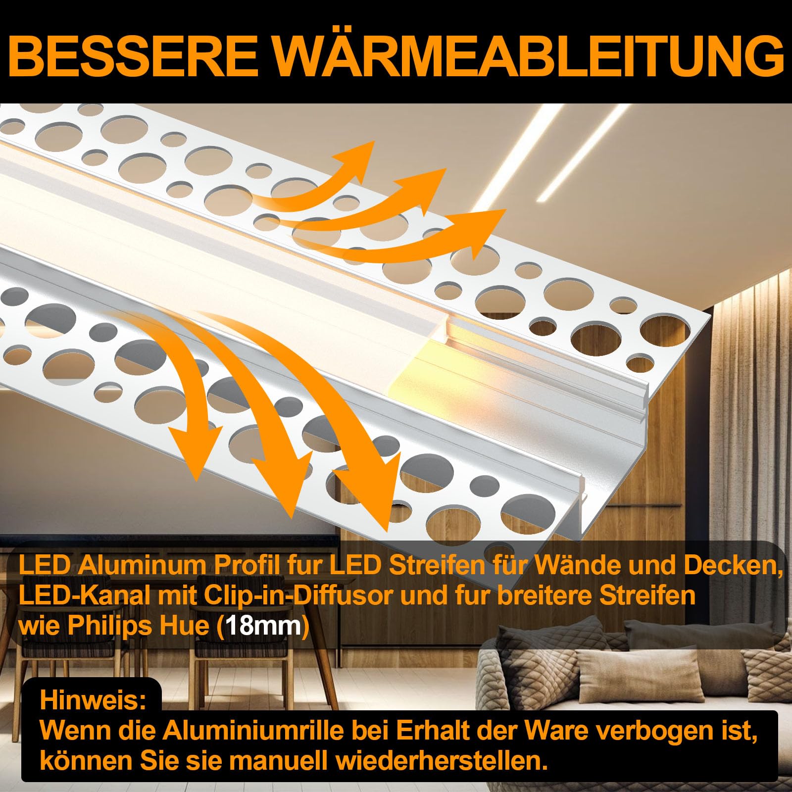 Chesbung LED Trockenbauprofil für 18MM Streifen, 6x1M Aluminum Profil Trockenbau AluProfil für Decken und Wände, Kanal Schiene Eckprofil mit Weiß Abdeckung, Diffusor für Breitere Strip wie Philips Hue