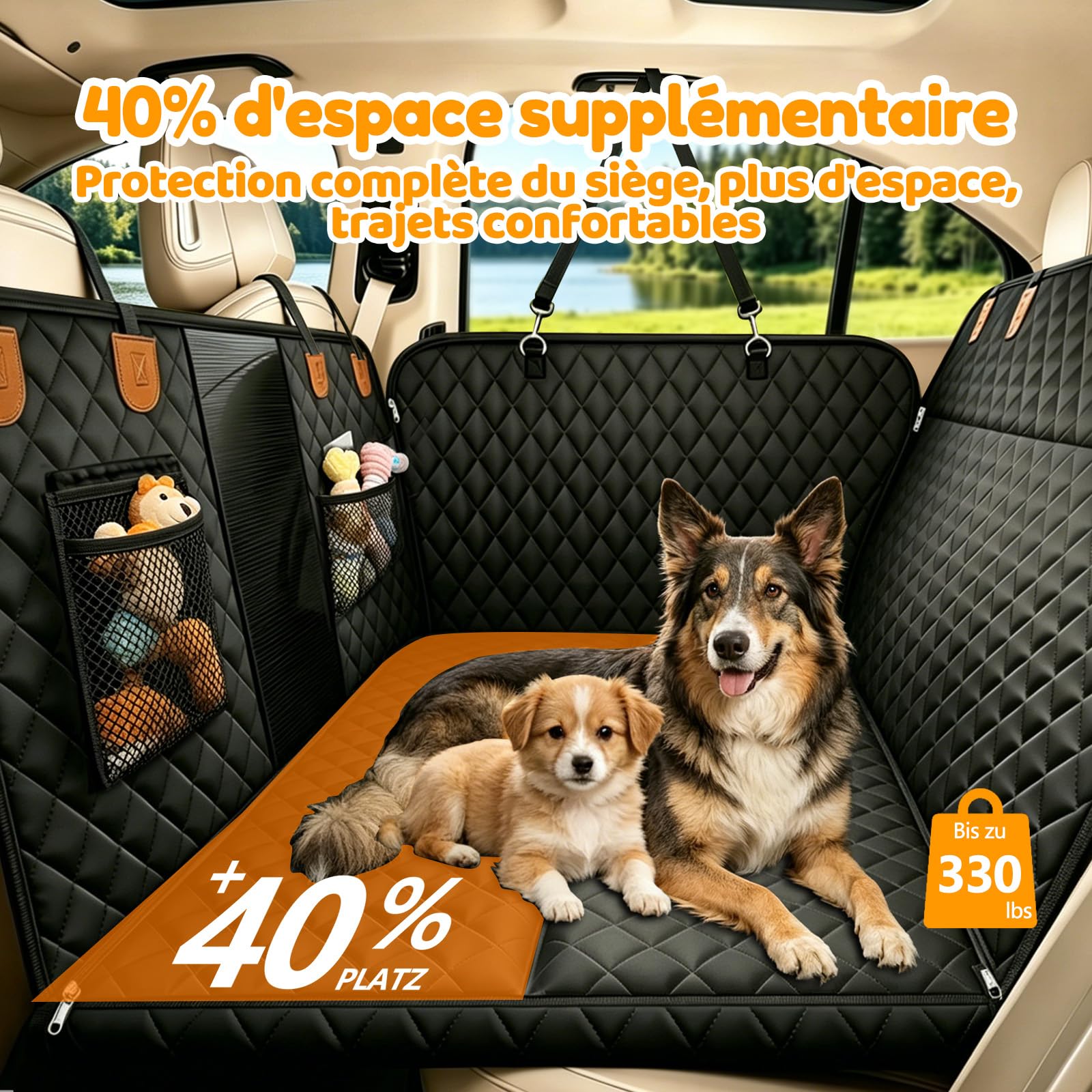Protection Voiture Chien Siège Arrière, Fond Renforcé, Housse Voiture Chien | 600D Oxford, +40% d'espace, Anti-rayures, Imperméable, Antidérapant, Fenêtre Filet, 150 kg, pour Voitures et SUV