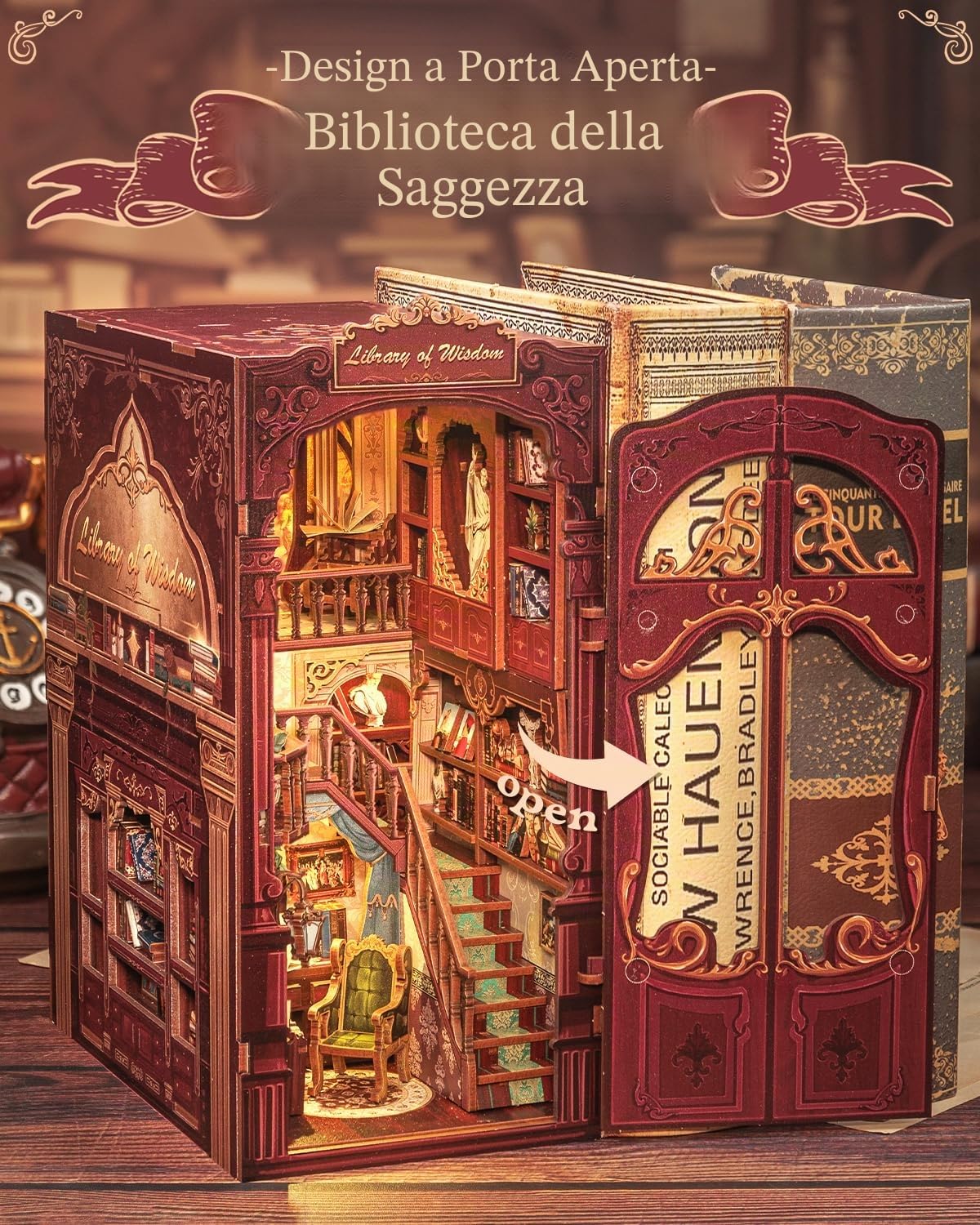Cutefun DIY Book Nook - Kit per casa delle bambole in miniatura 3D, in legno, per libreria, con inserto per libreria, modello di costruzione, kit regalo creativo con luce (Library of Wisdom)