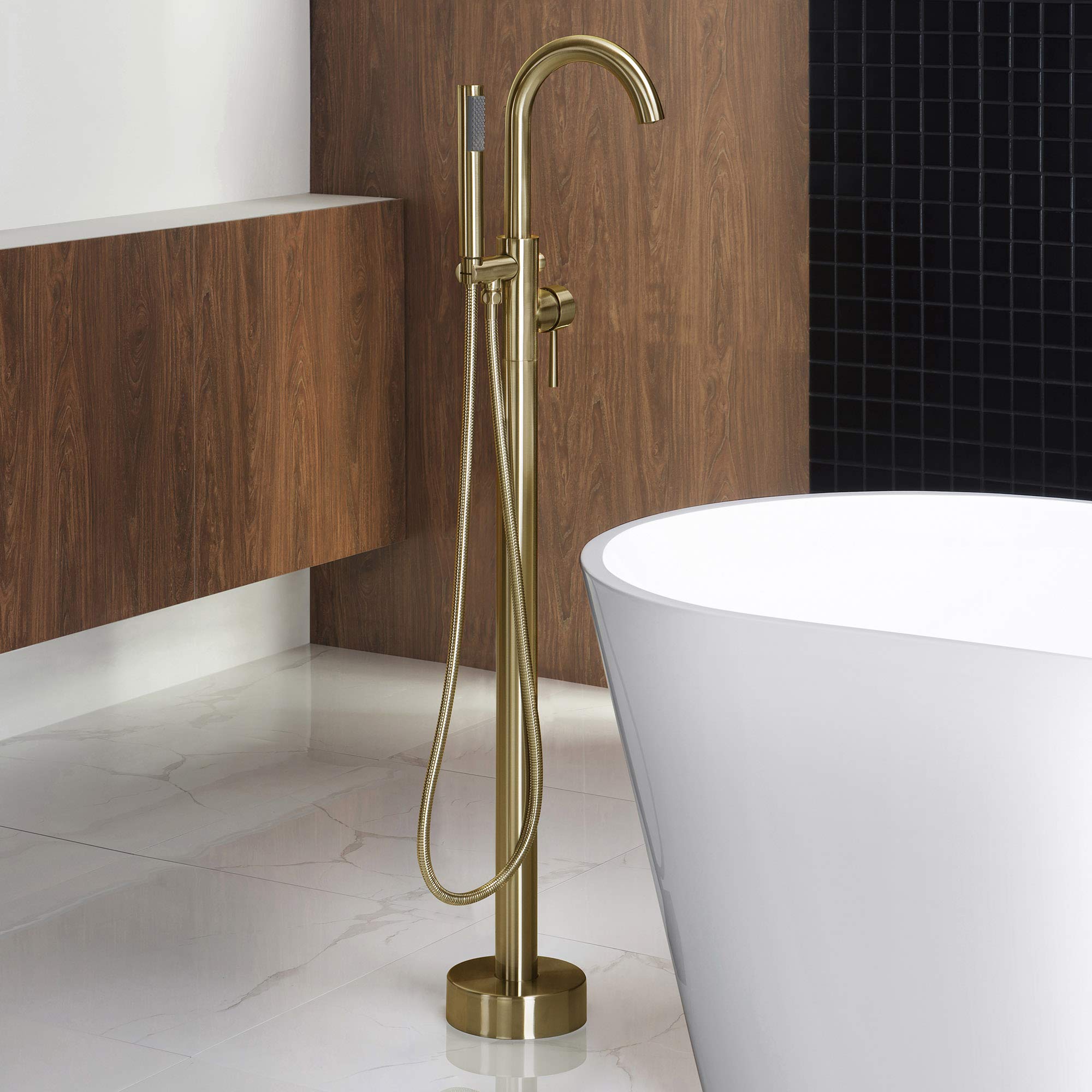 woodbridge f0007 bg freestanding tub filler bathtub floor mount brass bathroom faucets with hand shower, f-0007 golden, brushed gold