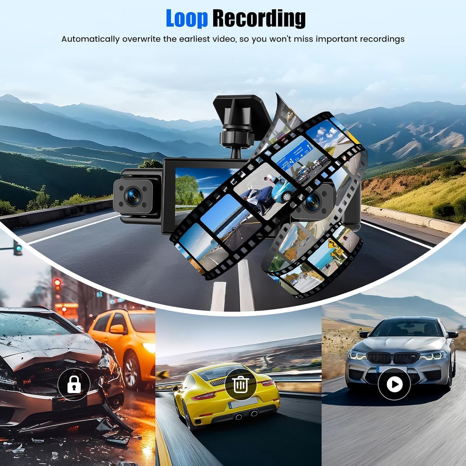 CAMECHO 4 Canali 1080P Dash Cam Auto integrata anteriore, 360° Telecamera integrata anteriore/sinistra/destra/posteriore, Display 3'' Visione Notturna Registrazione in loop Rilevamento del movimento