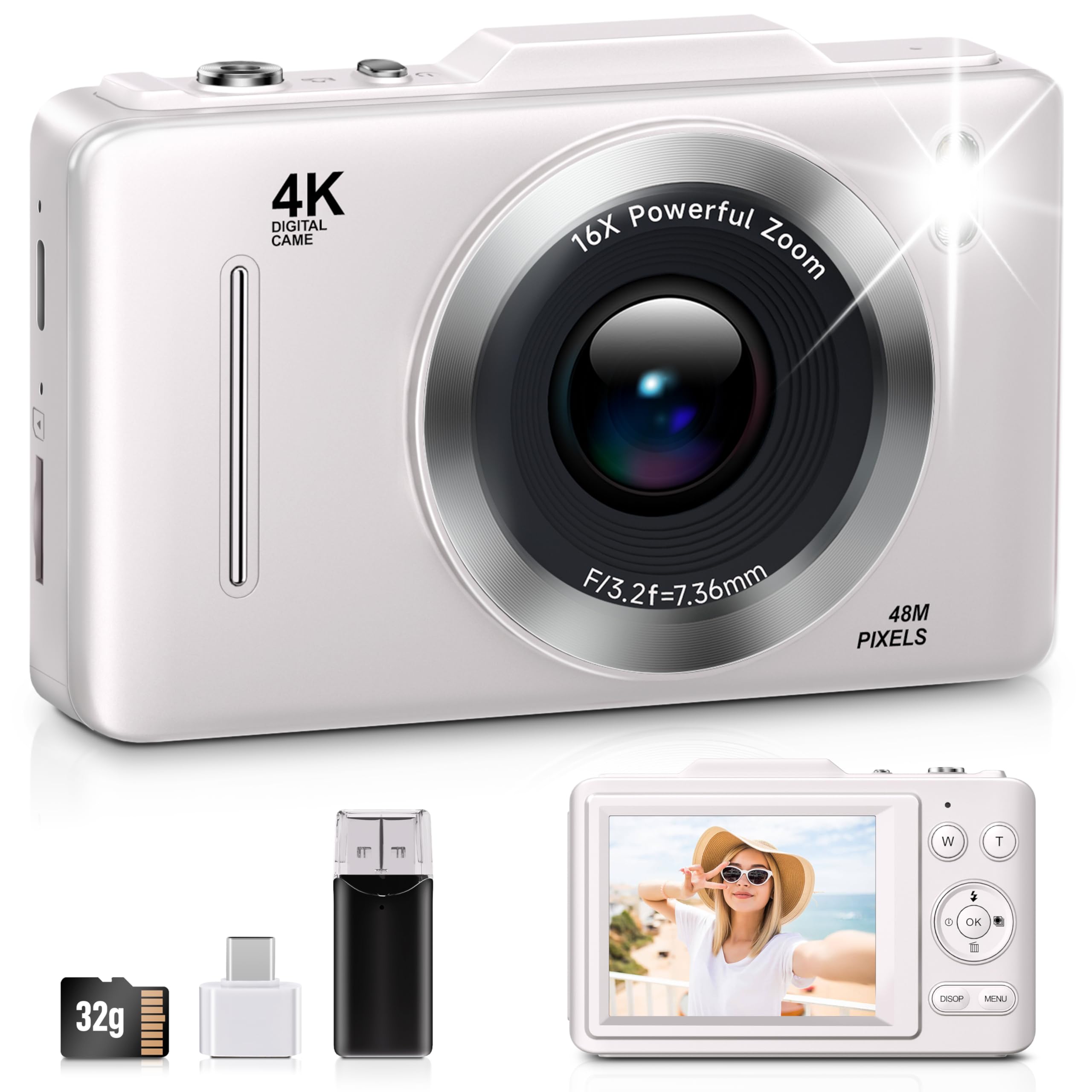 Digital Camera, FHD 1080P Kids Camera Digital with 16x Zoom Anti Shake, 32GB Card, 4K 48MP Portable Compact Point and Shoot Cameras, Vintage Small