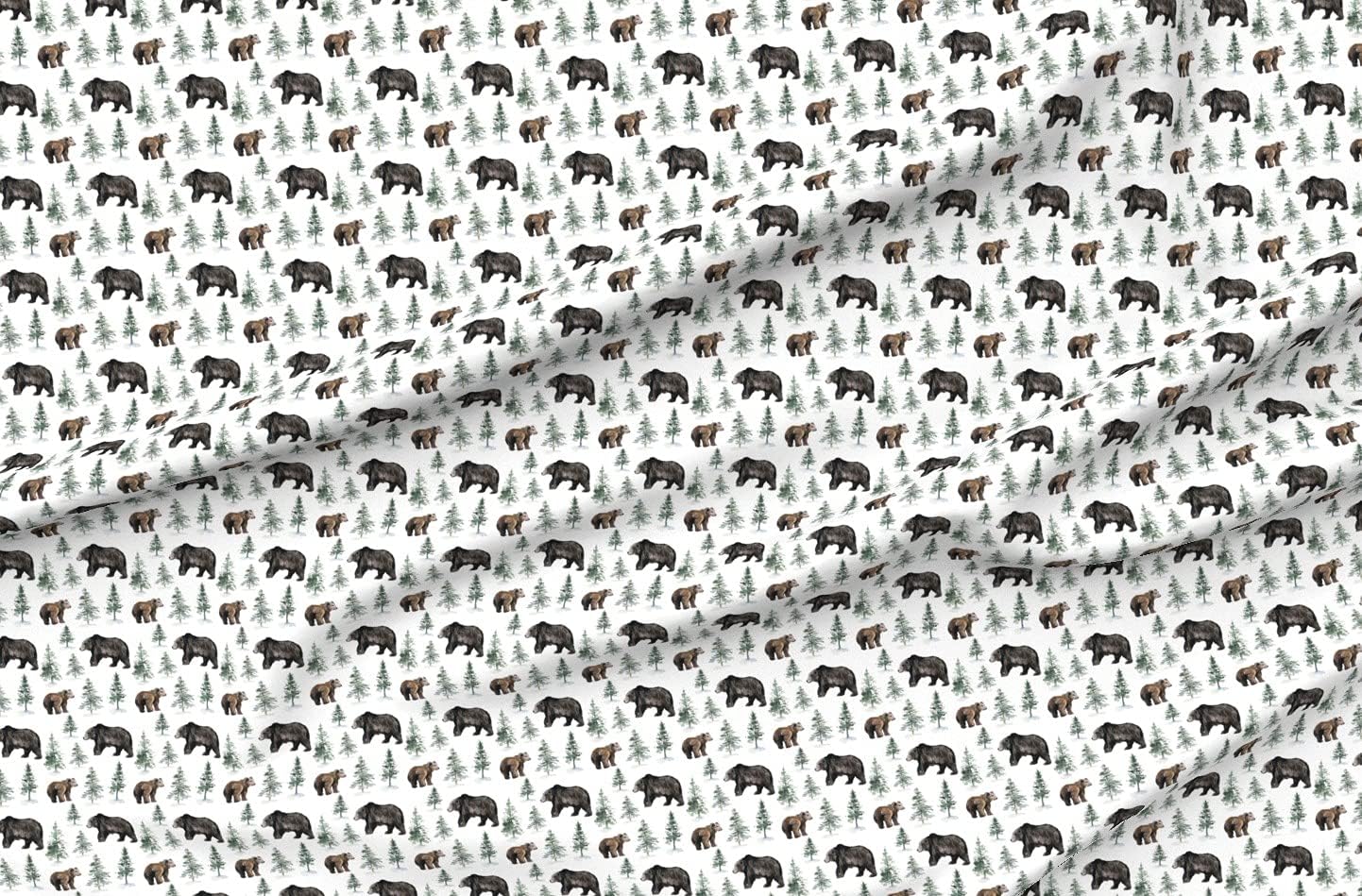 Spoonflower Fabric - Camping Bear Trees White Winter Snow Woodland Bears Nursery Forest Printed on Organic Cotton Sateen Fabric by The Yard - Sewing Quilting Apparel Home Decor