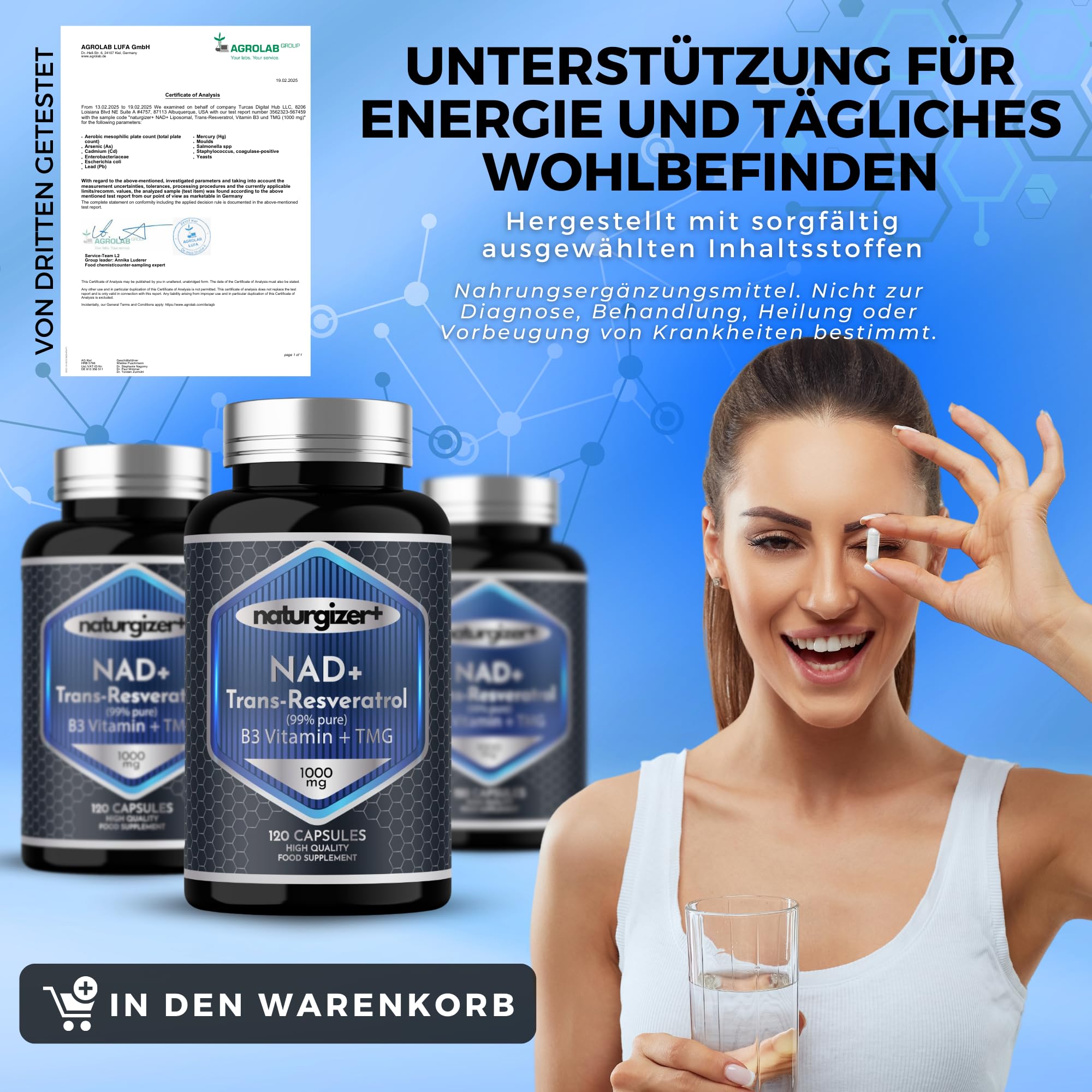 NAD Plus (echtes NAD+) – NMN Alternative mit Trans-Resveratrol, Niacinamid & Betain (TMG), Komplex 4+1 mit liposomaler Technologie, 120 Kapseln | Naturgizer+