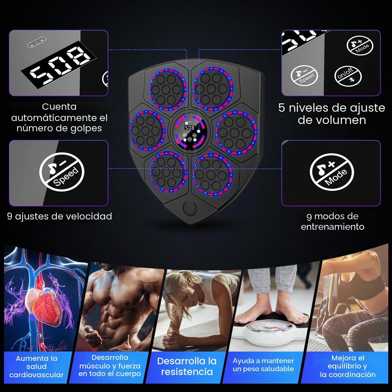 Music Boxing Machine, LED Boxeo Pared Musical con Guantes De Boxeo, 9 Velocidades, 9 Modos de Entrenamiento, Soporte Bluetooth, Conteo Inteligente, Maquina Boxeo Electrónica para Adultos y Niños