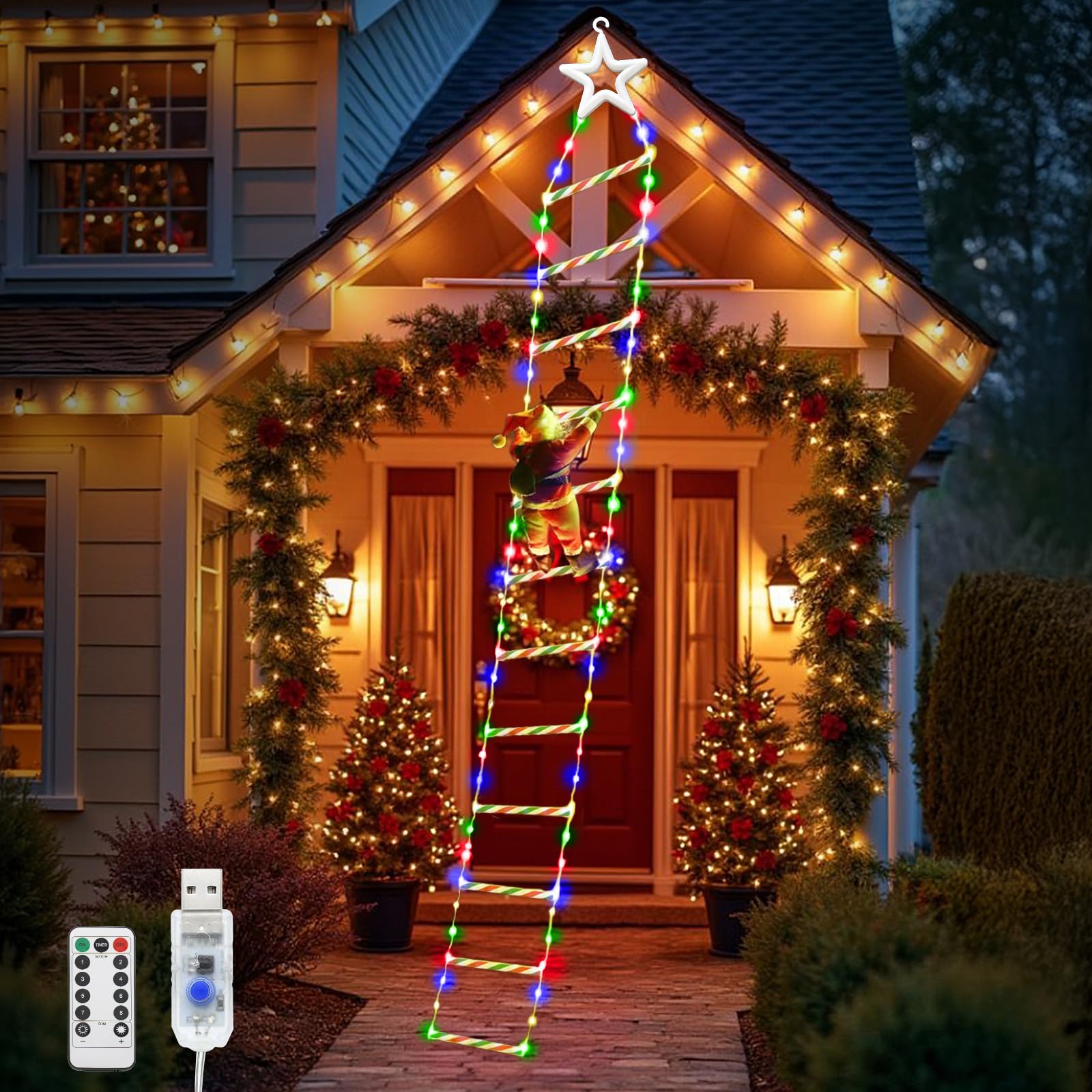 WoskjXas 9.84Ft Christmas Ladder Lights, 3M 240 LED Santa Climbing Ladder Lights Outdoor with 8 Modes, Timer Christmas Led Light for Outdoor Indoor Wall Window Xmas