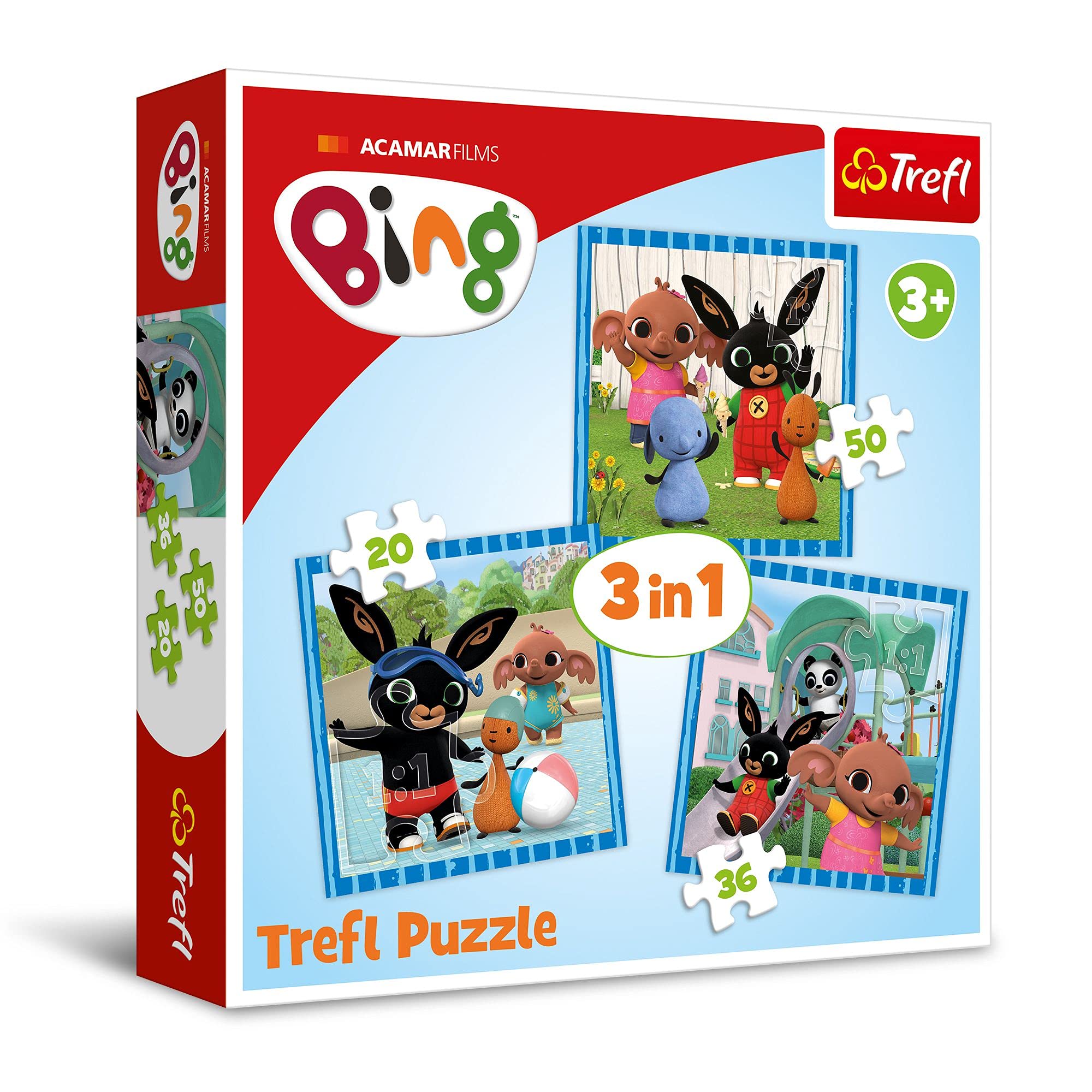 Trefl34851 Mit Freunden Spaß haben, Hase Bing von 20 bis 50 Teilen, 3 Sets, für Kinder ab 3 Jahren Puzzle, Multicoloured