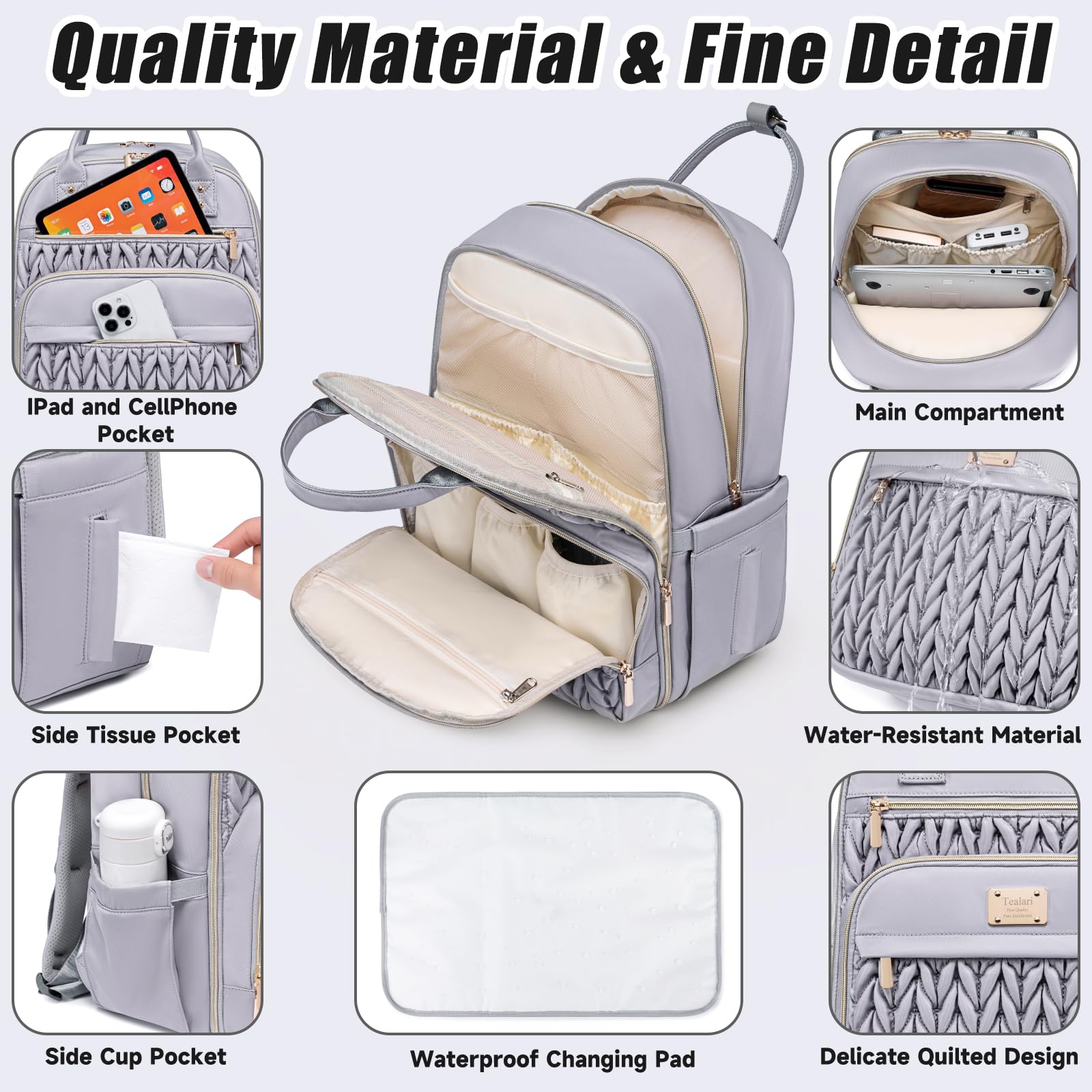 Tealari Wickeltaschen-Rucksack, stilvolle Baby-Wickeltasche, wasserdichter Reise-Wickelrucksack mit Wickelunterlage, Kinderwagengurten