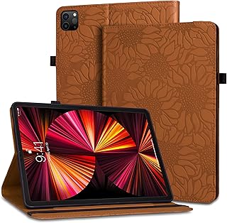 iPad Air 5th/4th Generation Case 10.9 Inch 2022/2020, iPad Pro 11 Case 2022 2021 2020 2018, Flip Folio Stand Smart Cover with Auto Wake/Sleep,Elastic Band&Card Slots, Sunflower, Brown