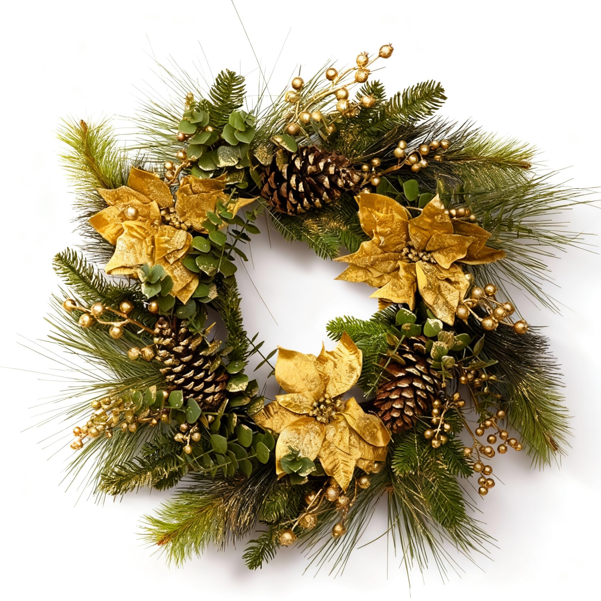  - Gold Poinsettia /berry & Cone Wreath-60Cm