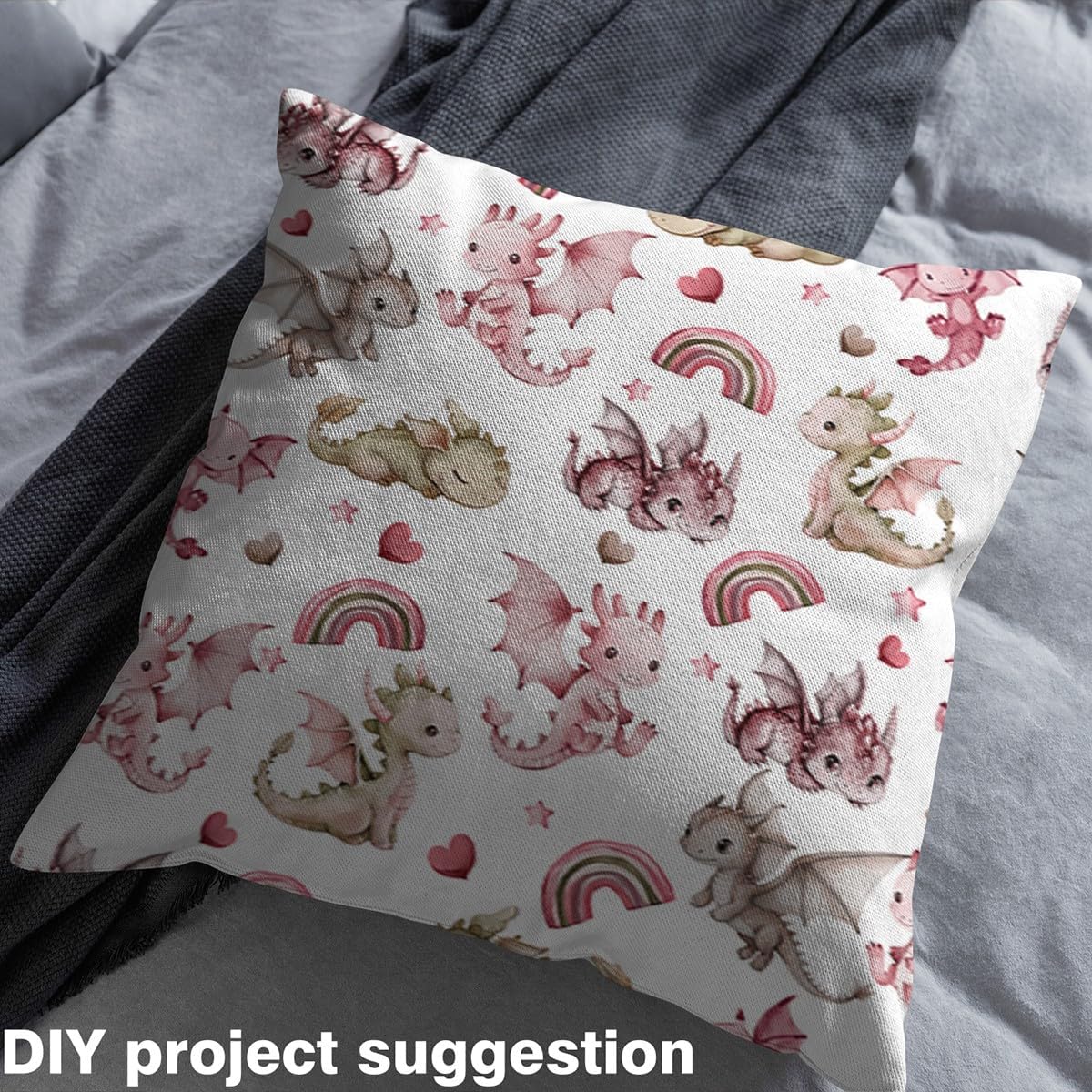 jejeloiu Cute Dragon Fabric by The Yard 2 Yards Kids Rainbow Pink Upholstery Fabric for Chairs Fairy Tale Theme for Home DIY Projects, Waterproof Indoor Outdoor Decor