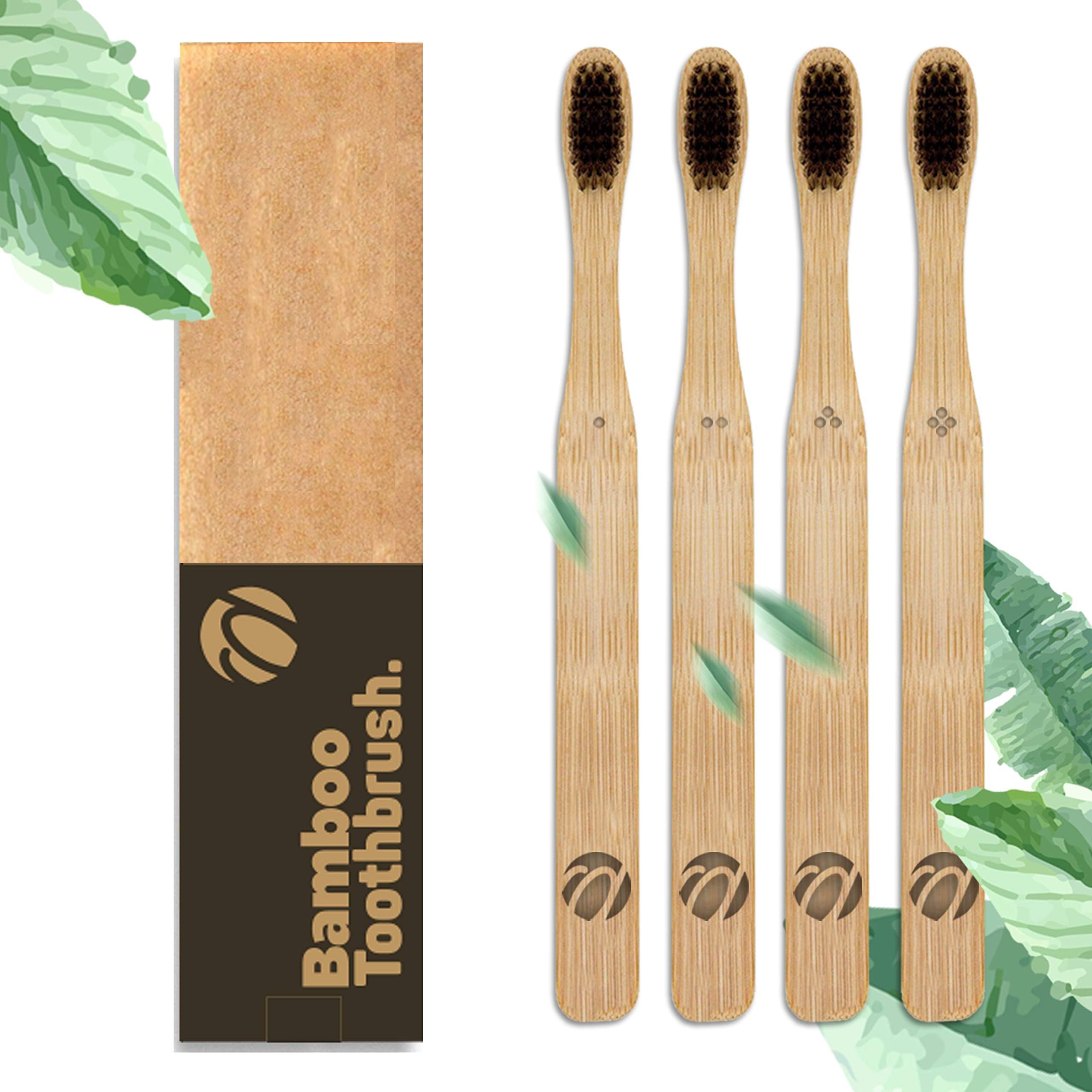 Bamboo Toothbrush charcoal bristles by PAVICICO Organic Natural Compostable Bamboo Smooth Handle Individually Numbered - Soft Free BPA Bristle- Pack of 4 Adult