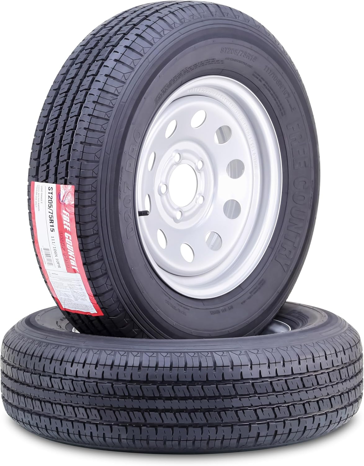 FREE COUNTRY Trailer Tire Wheel Assembly ST205/75R15 10-Ply E 110M Heavy Duty 2400lbs w/ 5 Lug on 4.5" PCD Silver Mod Rim,SET 2