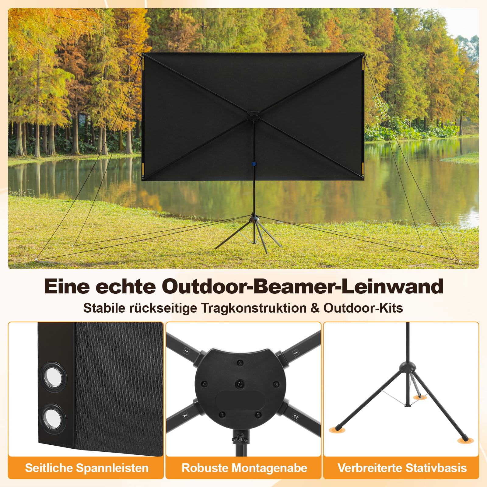 Beamer Leinwand Outdoor mit Stativ, 80 Zoll (16:9), Tragbare Beamer Leinwand, Windresistentes Design für Projektionsleinwand, inkl. Heringen & Seilen, Hohe Gainzahl, 4K Bild für Heimkino und Camping.