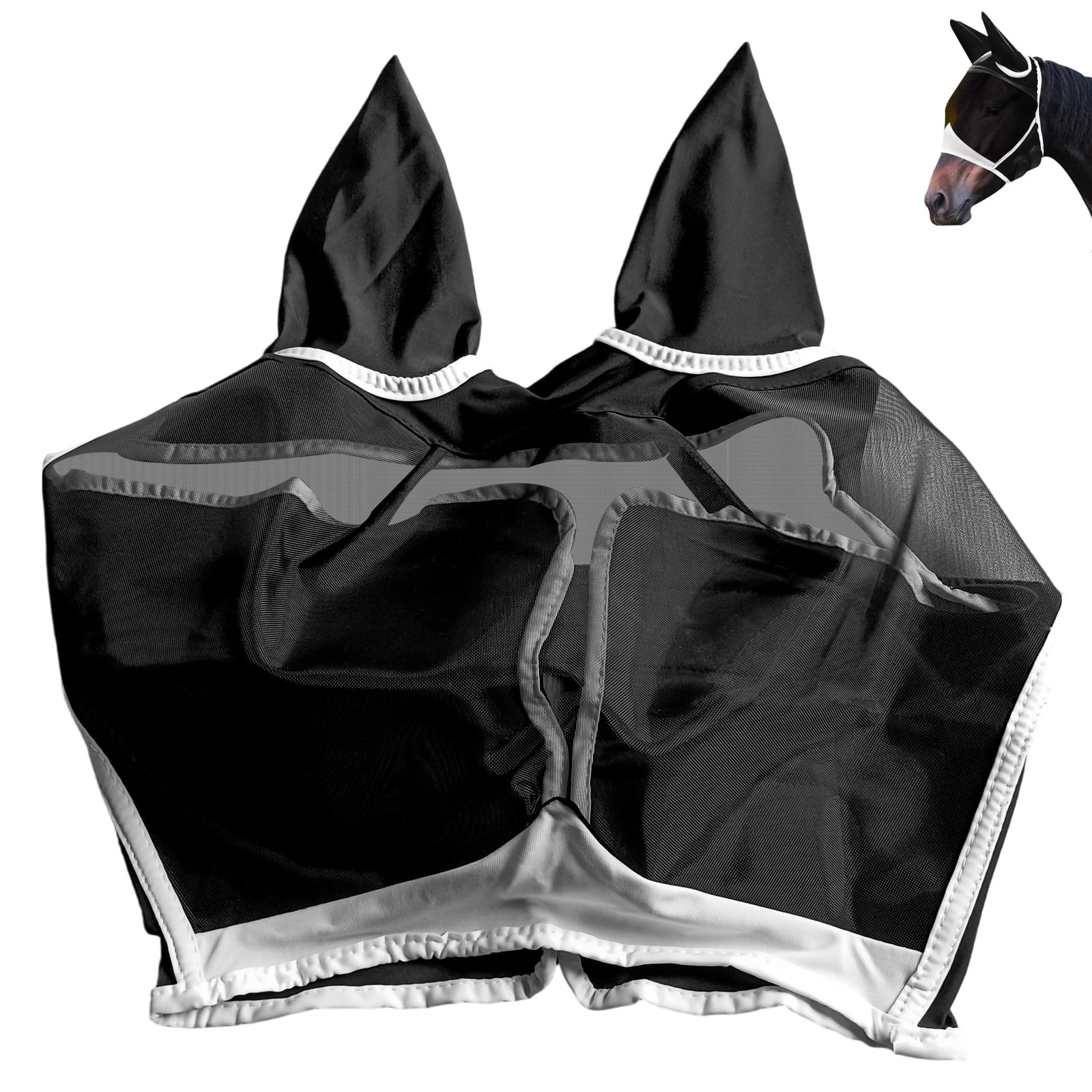 Maschera Antimosche Per Cavalli Nera, A Maglia Fine, Con Protezione Orecchie, Traspirante E Anti-UV - 7