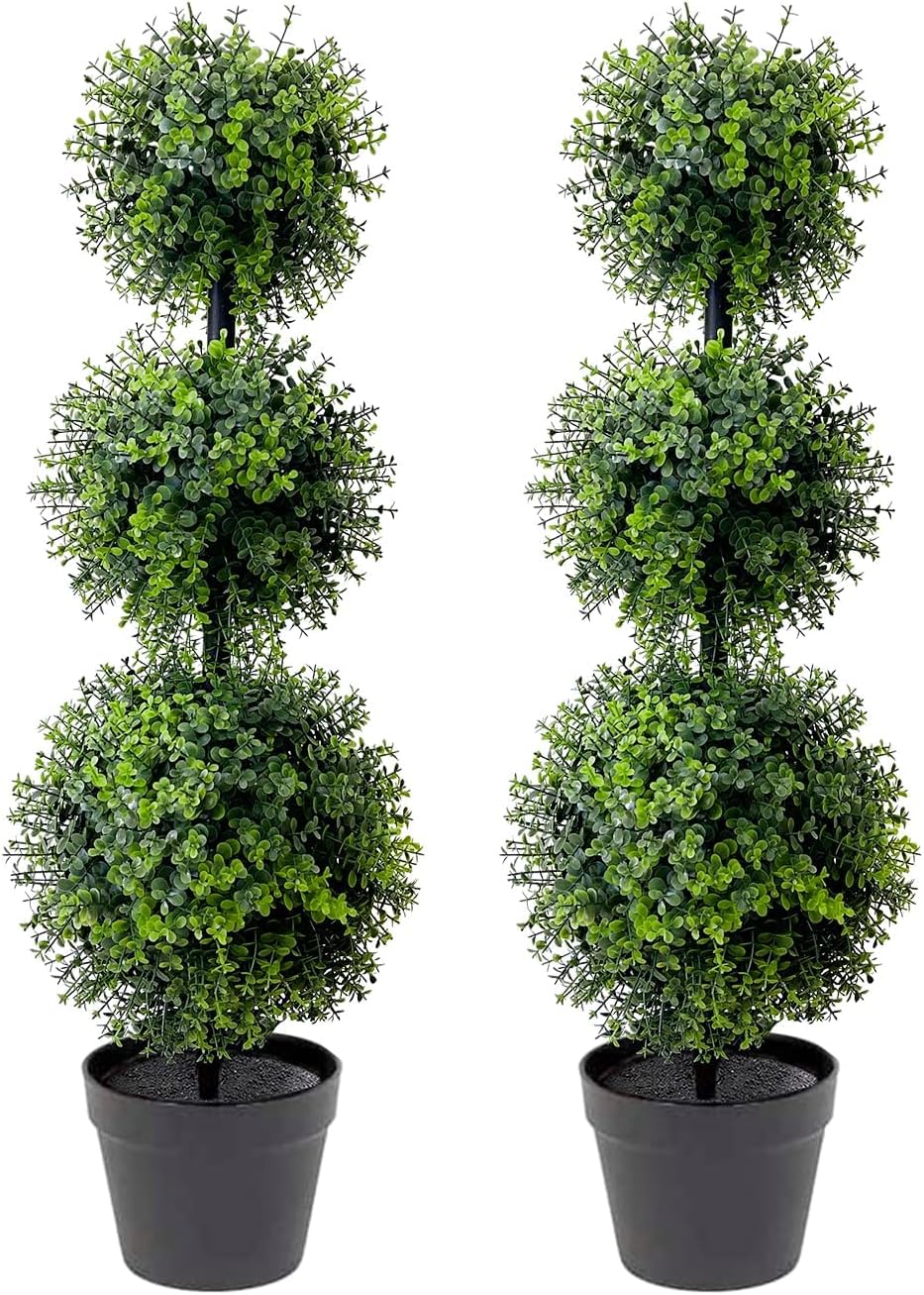Sinceroduct3ft Artificial Tree 2Pack Triple Ball Topiary Tree Fake Potted Moulded Trees Perfect Faux Plants for Indoor Outdoor House Home Office Garden Decoration