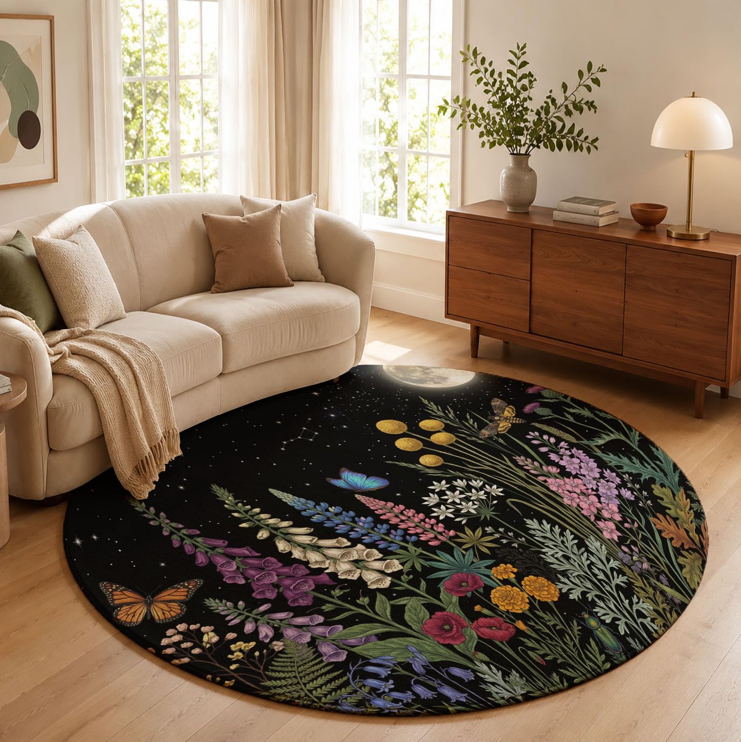 Tapis Rond Fleurs Sauvages De Pleine Lune 100 cm Lavable Machine