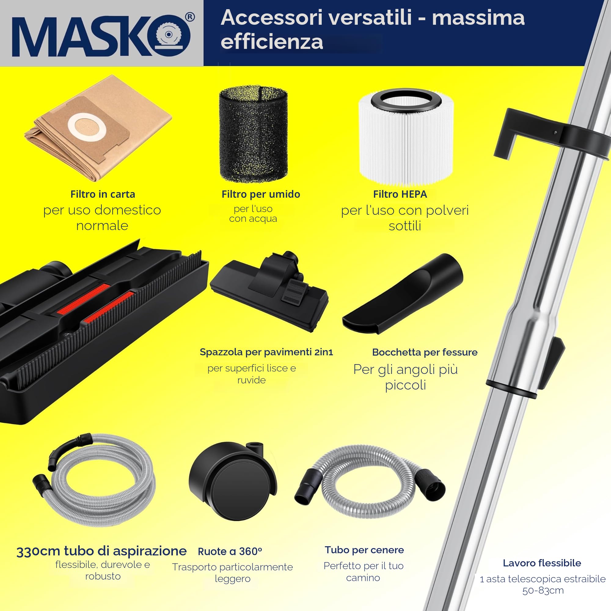 Masko® Aspirapolvere industriale 6 in 1, 2300 W + presa ✓ Funzione soffiaggio ✓ Aspirazione a secco e a umido | Aspirapolvere industriale con e senza sacchetto, Grigio