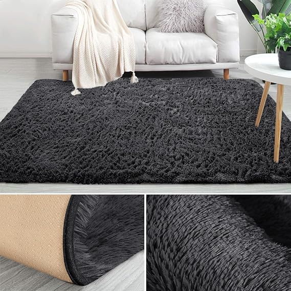 MOONLIGHT20015 Rugs Living Room – Black Area Rugs for Bedroom Non Slip – Fluffy Shaggy Rug Super Soft Small Thick Pile Non-Shedding Plush Carpet for Lounge, 60cm x 110cm