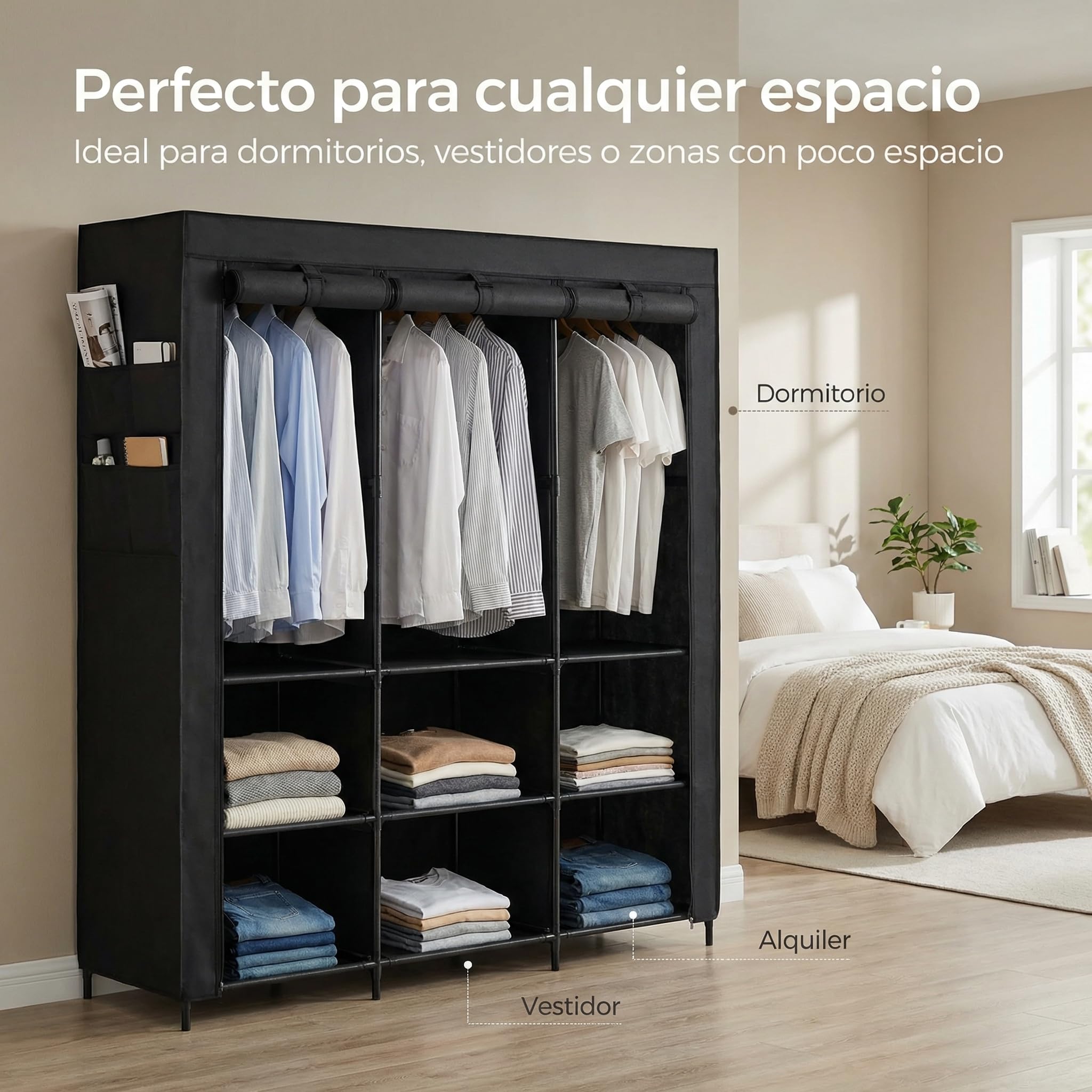 Pincho Armadio guardaroba in tessuto, armadio portatile per abbigliamento, organizer per vestiti, con cerniera, scaffali modulari con appendiabiti, Wardrobe, armadio organizer - 170 x 45 x 165 cm nero