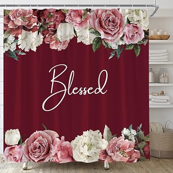 Burgundy Red Floral Shower Curtain Retro Watercolor Flowers Rose Elegant Blessed Inspirational Quote Home Fabric Bathroom Decor Set Include Hooks,36" Wx70 H