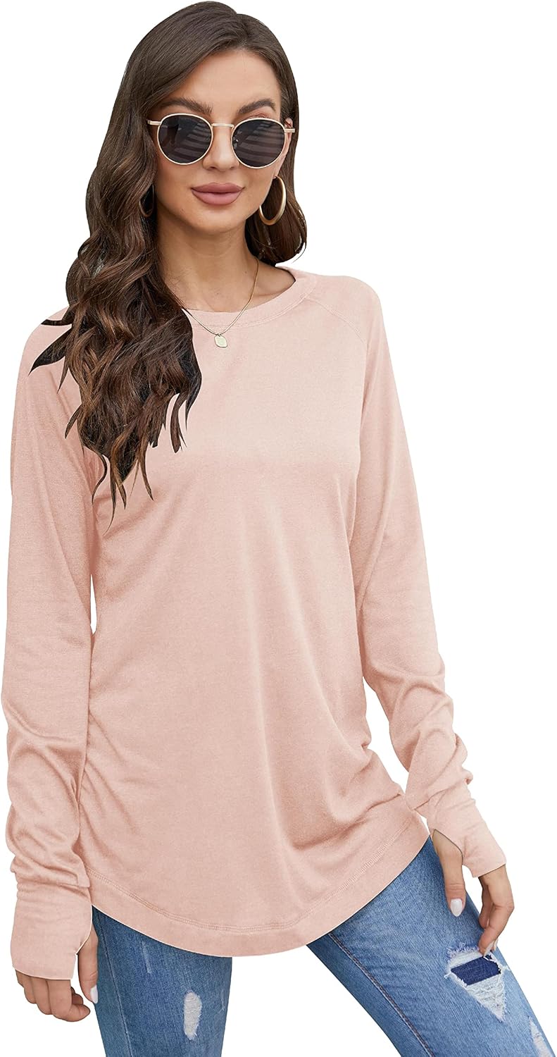 Fisoew Women's Casual Long Sleeve Tops Crew Neck Round Hem Loose T-Shirts Tunic Tops with Thumb Holes - Image 3