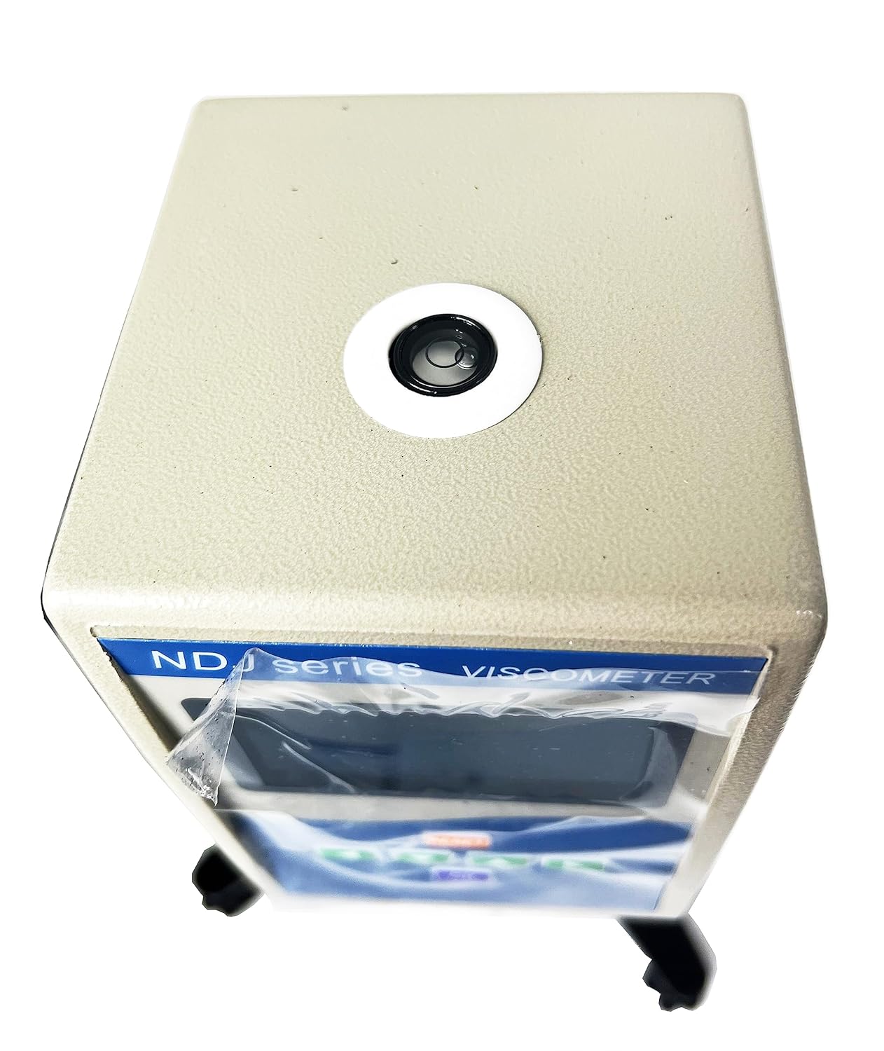 Top view of the viscometer showing the integrated bubble level for precise leveling.