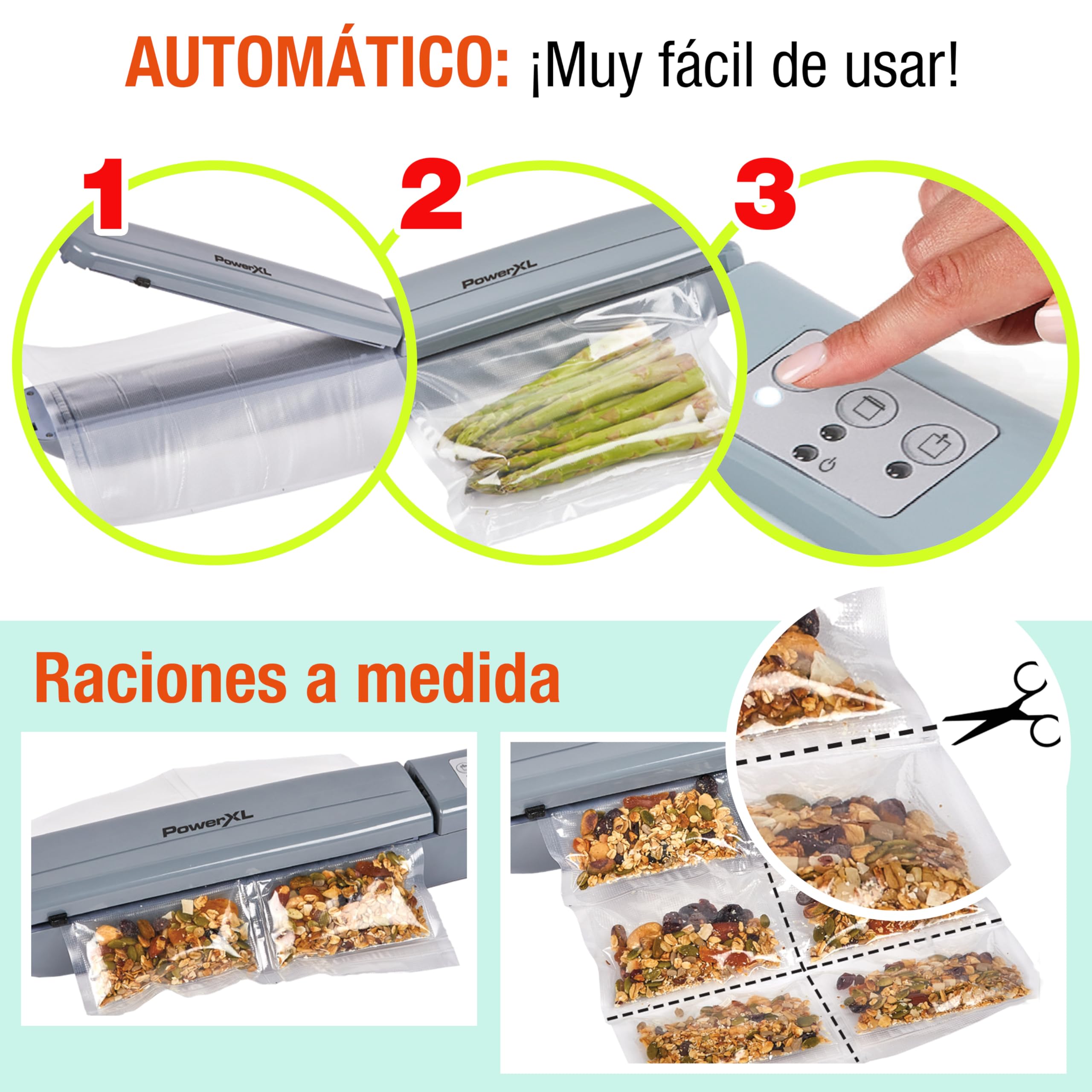 Envasadora Alimentos Vacío SellaVac PRO Automática Doble Sellado Térmico. Líquidos/Sólidos. Fácil uso. Compacta. 2 Rollos Bolsas Vacío+2 Bolsas con Válvula Reutilizables+Tubo de vacío Multiusos. 130W