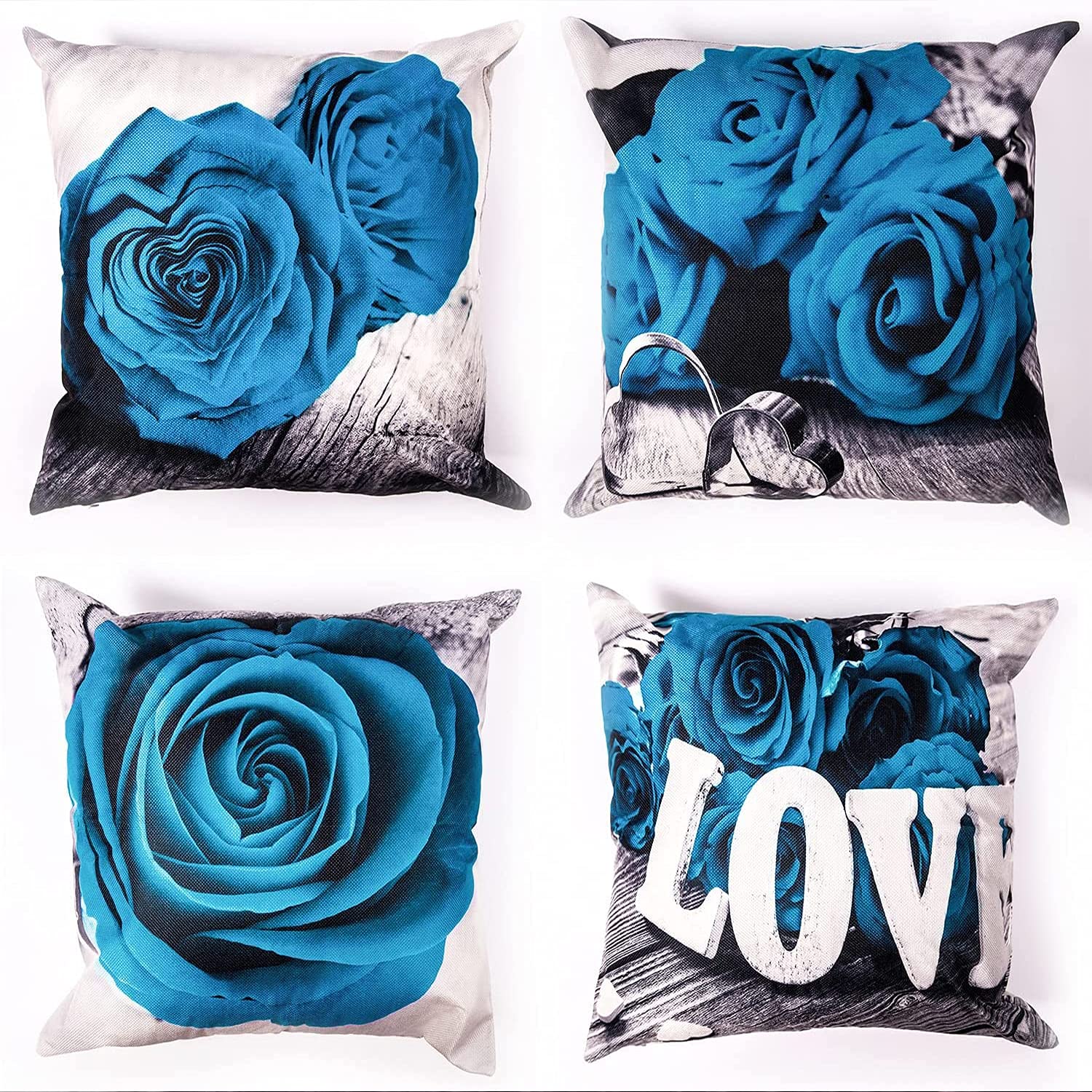 Baidast Juego De 4 Fundas De Almohada Decorativas Azules De 18 X 18 Pulgadas, Color Azul Y Gris, Fundas De Almohada Modernas De Lino Con Margaritas Florales Para Sofá, Sala De
