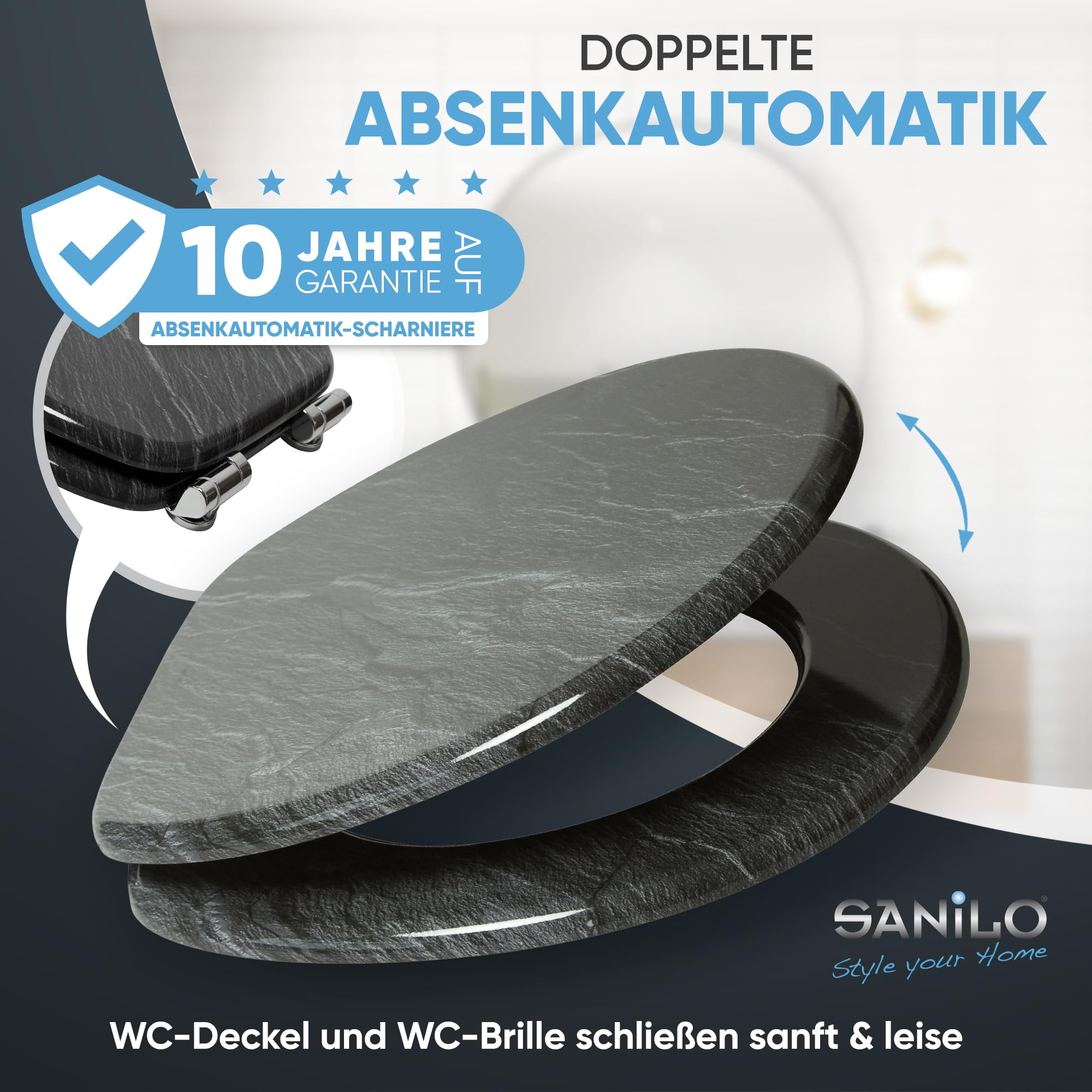 WC-Sitz mit Absenkautomatik, viele neue Toilettensitze zur Auswahl, hochwertige Oberfläche, einfache Montage, stabile Scharniere (Granit)