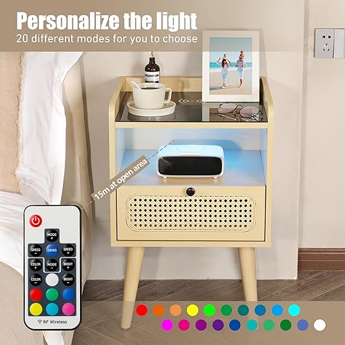 Miniatura 7 de Vagusicc Mesita de noche LED con estación de carga inalámbrica, mesa auxiliar de ratán con cajón y estante de almacenamiento abierto, mesa auxiliar