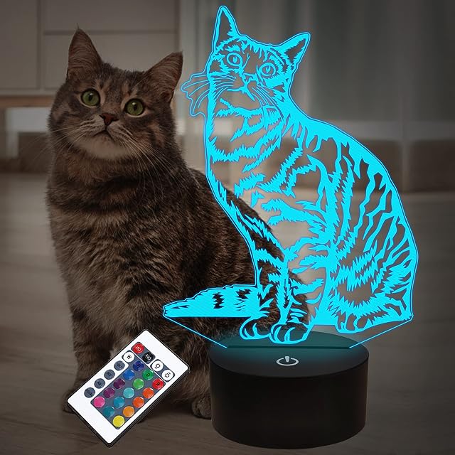 Cat Pet Gifts for Kids, 3D Cat Night Light LED Illusion Lamp with Remote Control + 16 Colors Changing + Timing + Dim Function, Decoration Birthday GIfts for Baby Boy Girl
